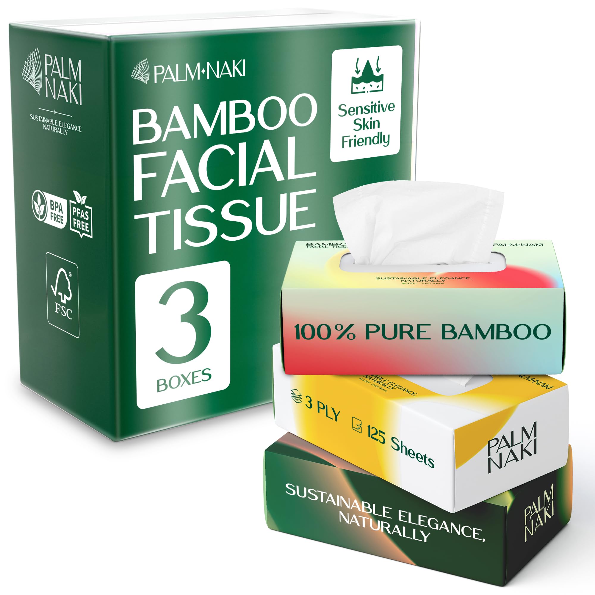 100 Bamboo Facial Tissue 3-Ply Strong Lint-Free Fragrance-Free Gentle for Sensitive Skin BPA PFAS-Free FSC Certified 3 Boxes
