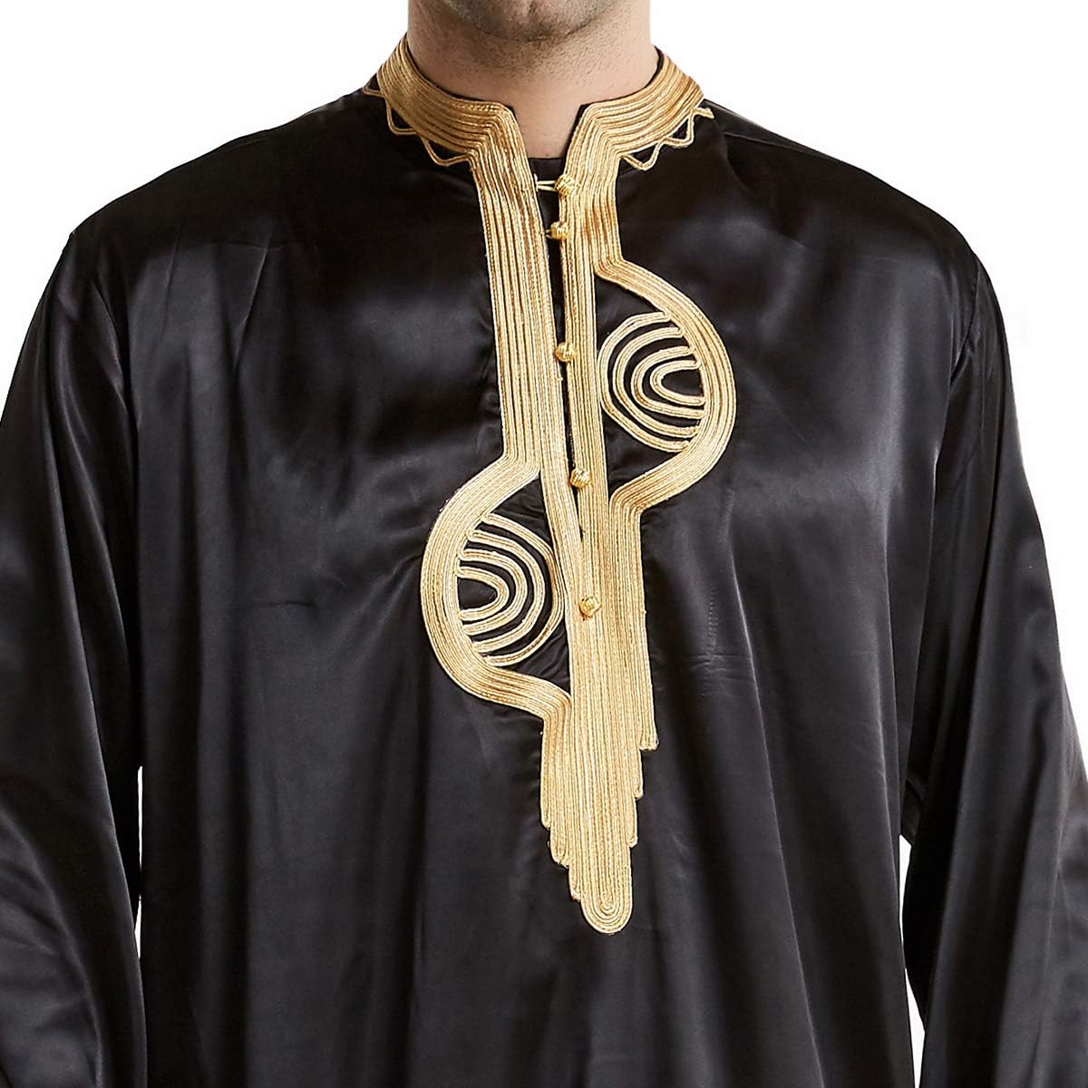 XINNI Men Arabic Long Sleeve Embroidery Thobe Stand Collar Kaftan Robe