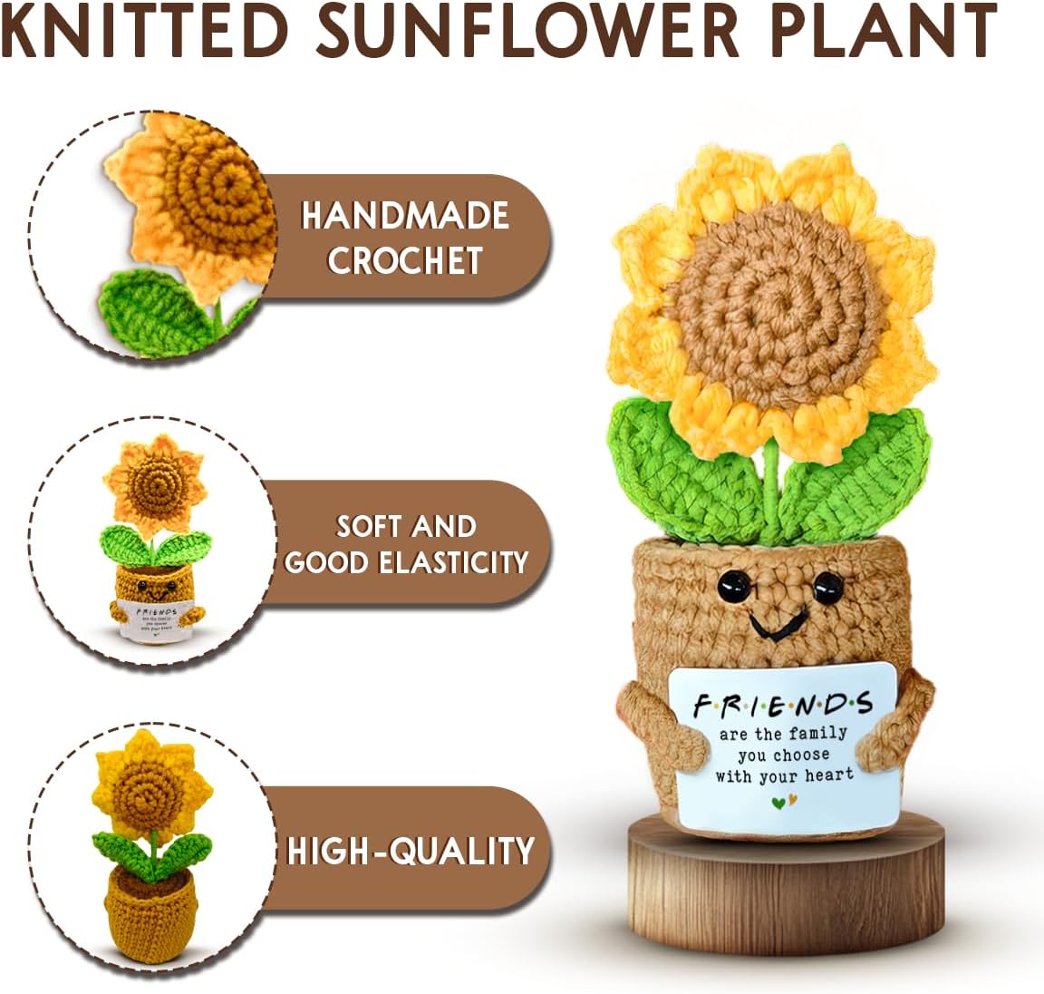 Mini Sunflower Crochet Gift with Card for Women Best Friend, Soul Sister, Long Distance Pal, Friends Are the Family You Choose, Cute Decor for Birthday, Christmas for Bestie, BFF, Coworker