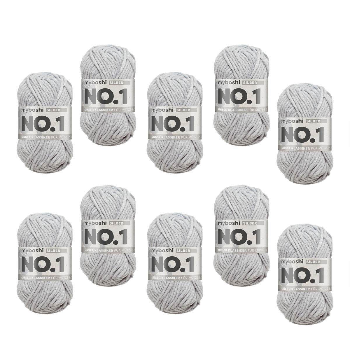 myboshi No.1 Wolle zum Häkeln und Stricken, Schnellstrickgarn, langlebige Mützenwolle, Strickwolle, Häkelwolle, mulesing-frei, 50g, Ll 55m Grau (Silber), 10 Knäuel