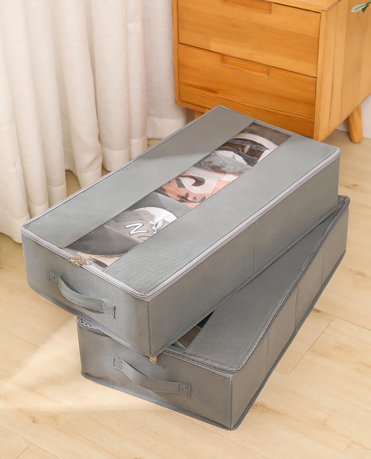 Space-saving Under Bed Storage Containers with Partitions and Clear Window, Large Capacity Soft Comforter Storage Bag, Multi-Purpose Bedroom Essentials Drawer for Shoe, Quilt ( Color : Beige-4 pcs , S