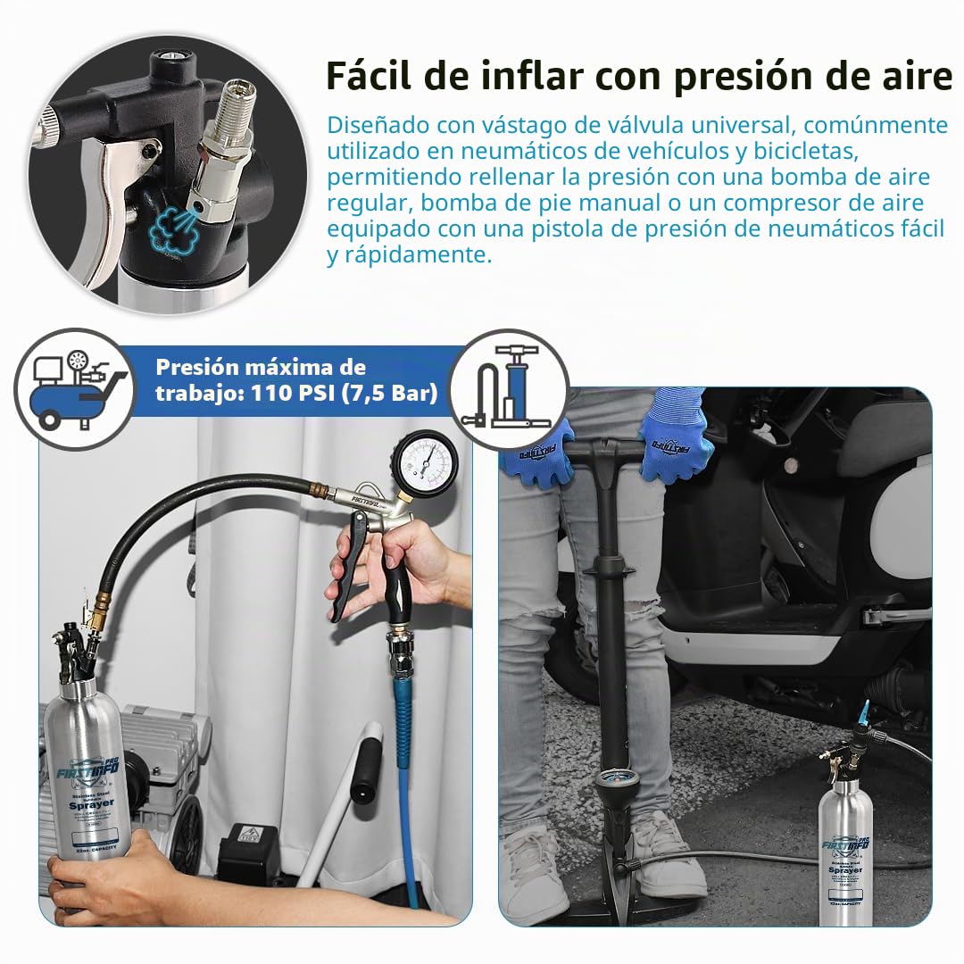 FIRSTINFO A1636K | Pulverizador recargable de acero inoxidable 650 ml para limpiador de frenos | Presión máxima 110 psi | Lata tipo aerosol reutilizable con 4 boquillas intercambiables