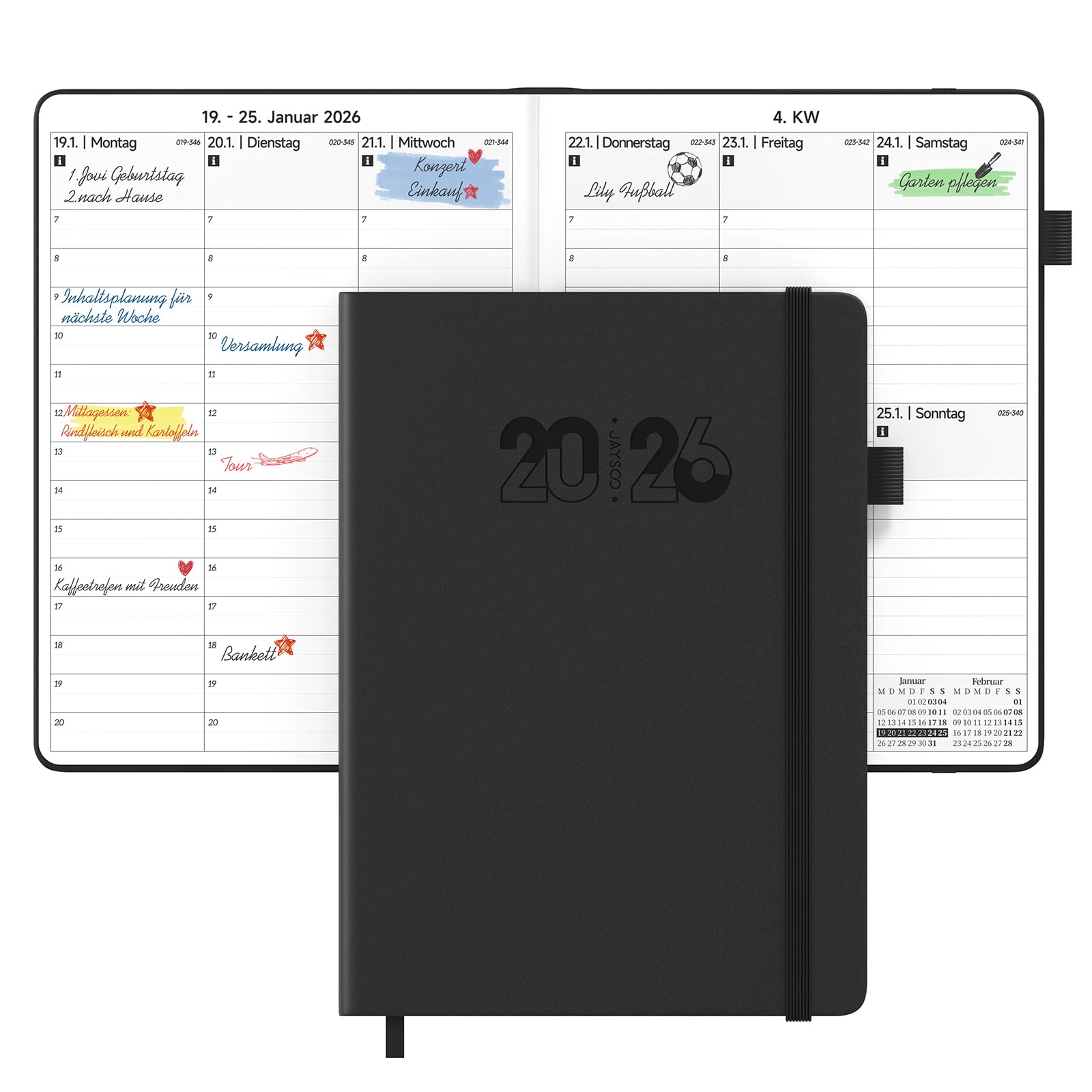 JAYSOO® Terminplaner 2026, A4 Wochenplaner 21x28cm Tageplan und Stundenplan, 12 Monate Terminplaner Hardcover (Jan.-Dez.2026) für Arbeit, Lernen und Familienplan - Schwarz