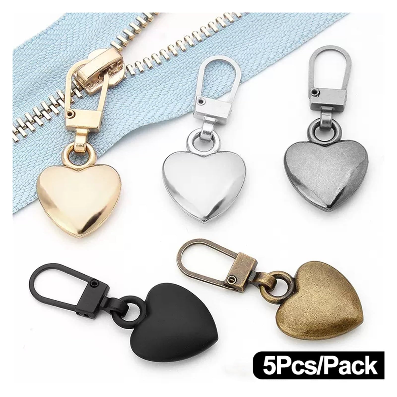 Pulls for Nylon Cewki zamki błyskawiczne metalowe 5 szt. Odpinane metalowe zamki błyskawiczne ściągacz DIY szycie w kształcie serca zamek błyskawiczny suwak nakrycie głowy zamek błyskawiczny Pull(Noir