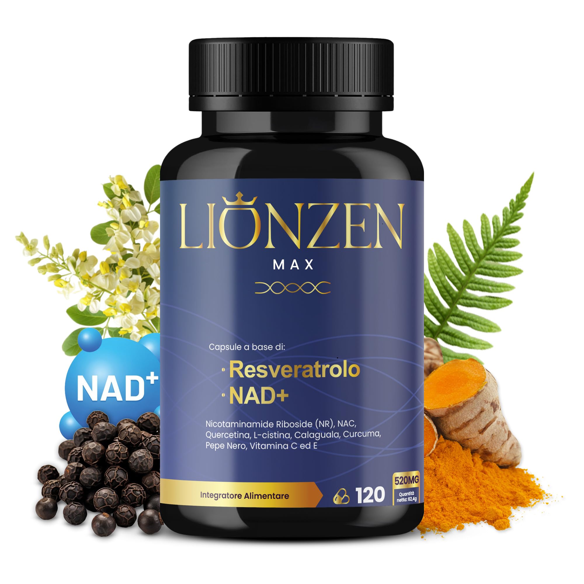 NAD+ Trans-Resveratrolo puro con 10 ingredienti anti-età | 1000 mg | Energia cellulare, longevità, vitalità | Nicotinamide Riboside, Quercetina, NAC, Curcuma, Pepe Nero | Lionzen Max