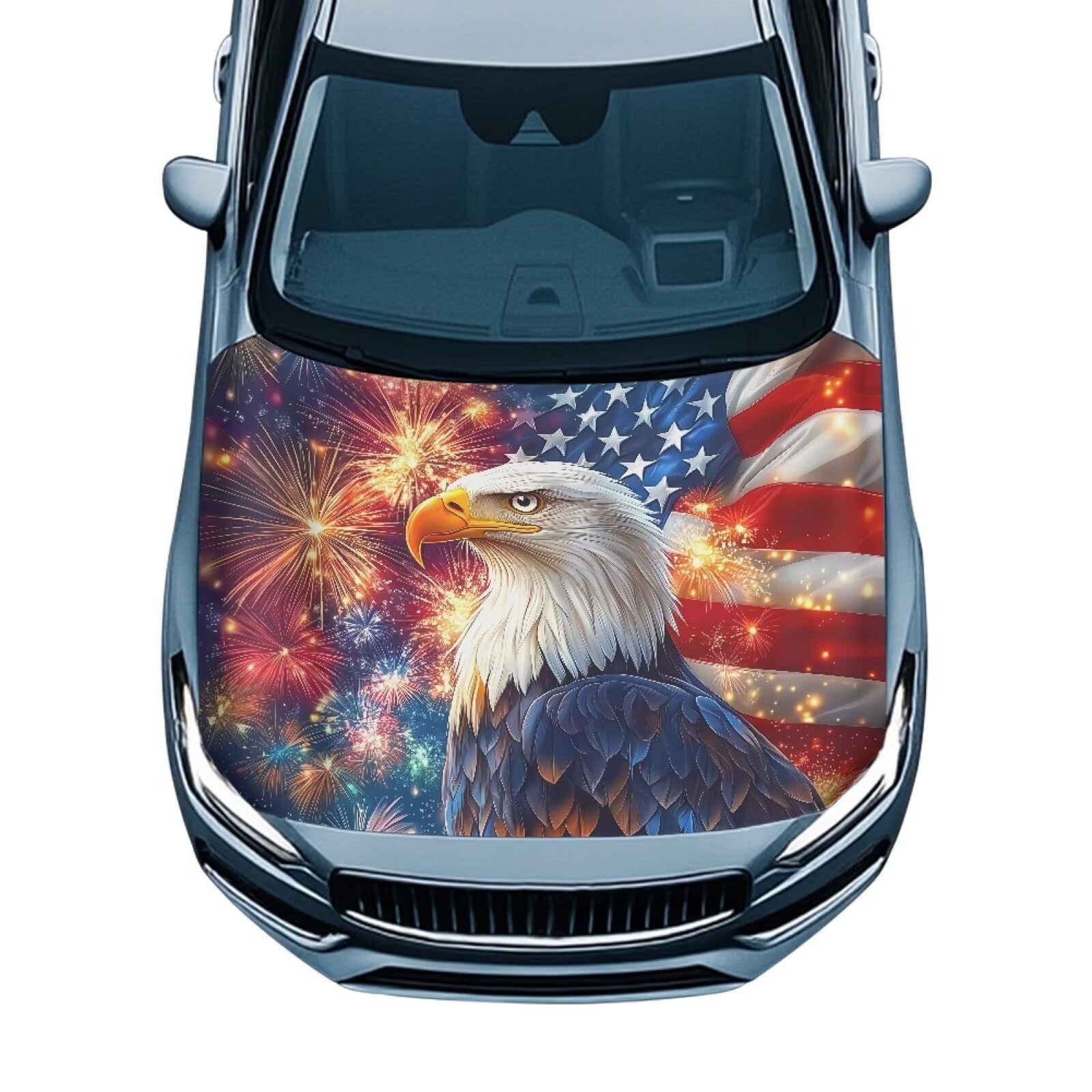 Eagle American Flag Fireworks Car Hood Cover All Weather Protection Automotive Exterior Accessories Universal Fit Hood Covers for Cars, Trucks, SUV, or Van, 4th of July Decor