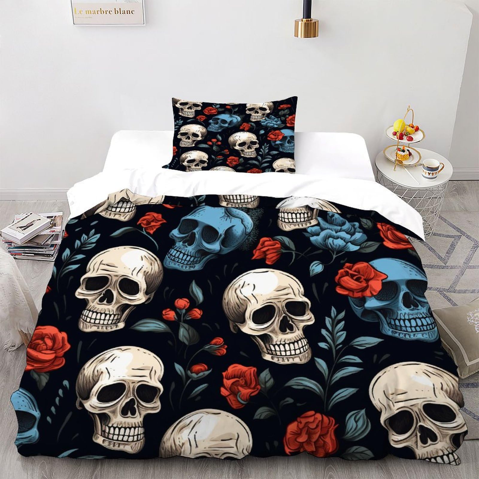 Parure décor de gothic avec parure de lit single skull et 2 taie d'oreiller pour enfant