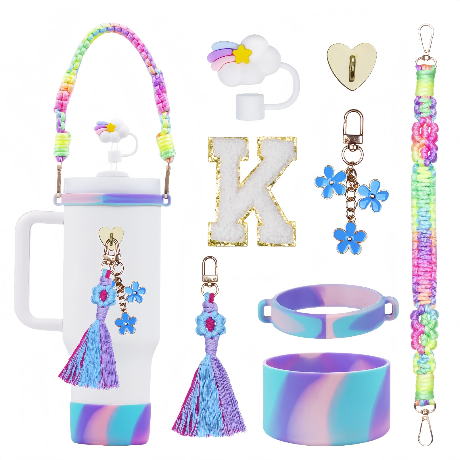 Rabrgab 8Pcs Initial Stanley Cup Accessories Set for 40Oz 30Oz 20Oz - Teen Girls Gifts Tumbler Cup Decorations with Handle, Rainbow Straw Topper,