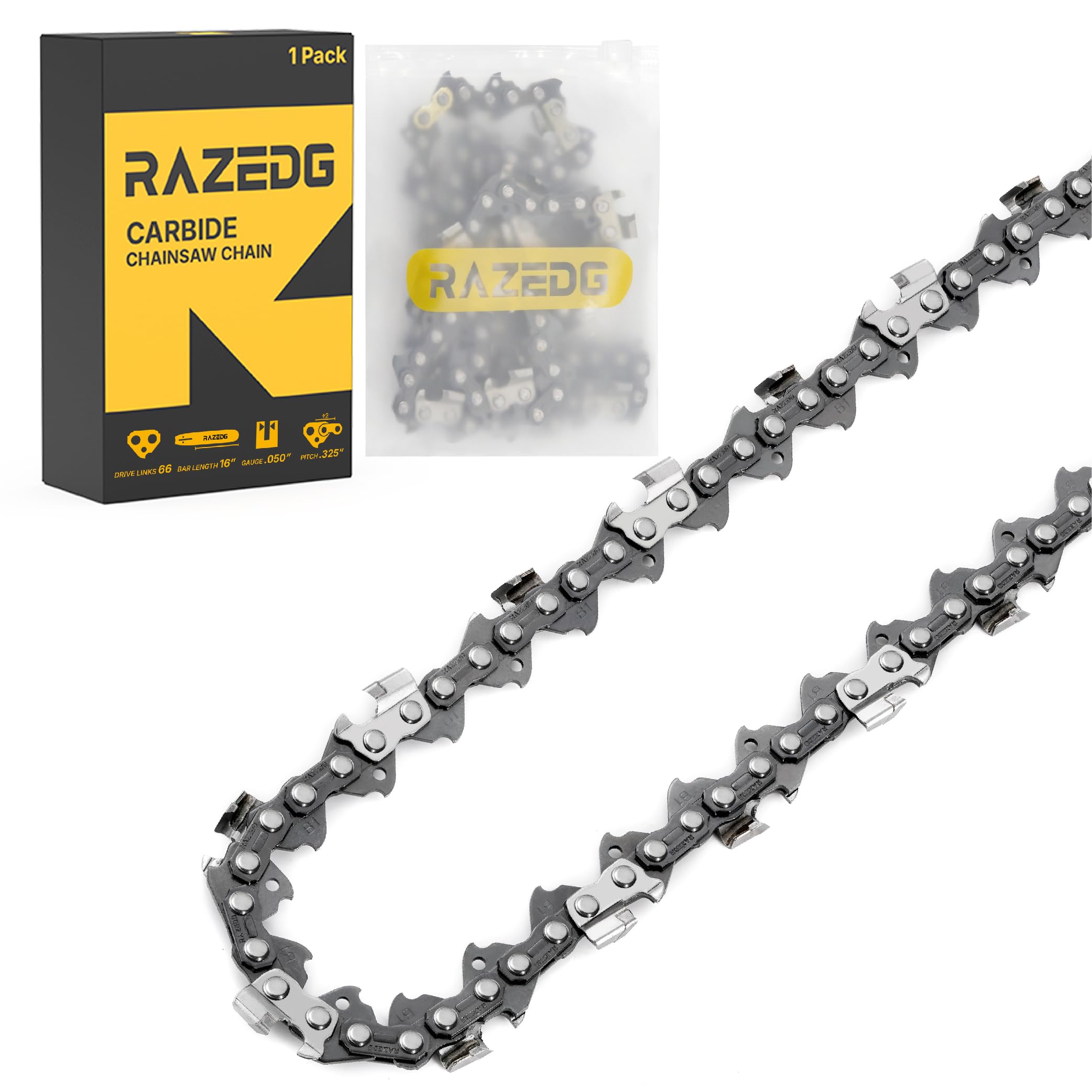 Cadena de motosierra de carburo de 16 pulgadas, paso de 0.325 pulgadas, calibre de 0.50 pulgadas, 66 eslabones de transmisión, se adapta a Husqvarna 435, 430 y más (1 cadena)