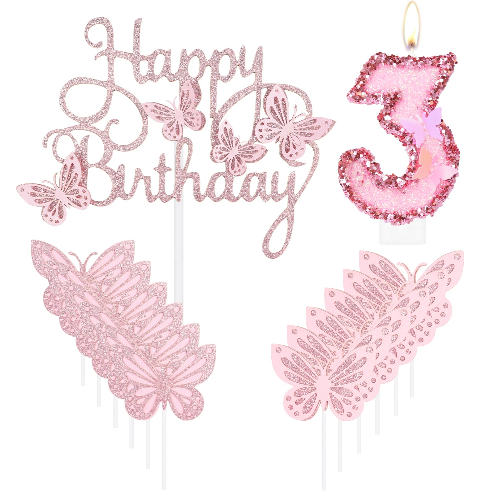 Candela Numero 3 Farfalla Oro Rosa - Per Torte 3&deg; Compleanno - Decorazione Lucida