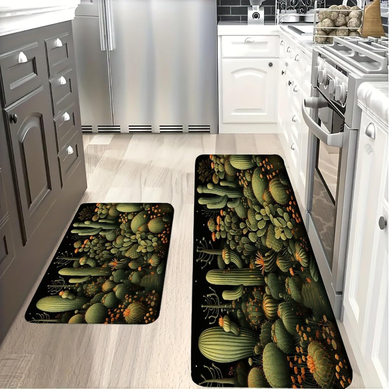 Green Cactus Kitchen Mats with 2PCS Non-Slip Washable,Kitchen Rug Heavy Duty Durable, Floor Mats for Kitchen,Office,Sink,Laundry