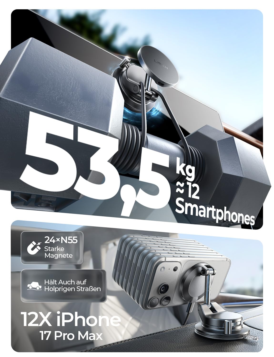 LISEN Handyhalterung Auto mit Ladefunktion - [Qi2.2 & 25W] für Magsafe Autohalterung mit Vakumm Saugnapf Snapmount Handy Halterung Auto Magsafe für iPhone 17 Pro Max Air 16-12 Series, Galaxy S25 Ultra