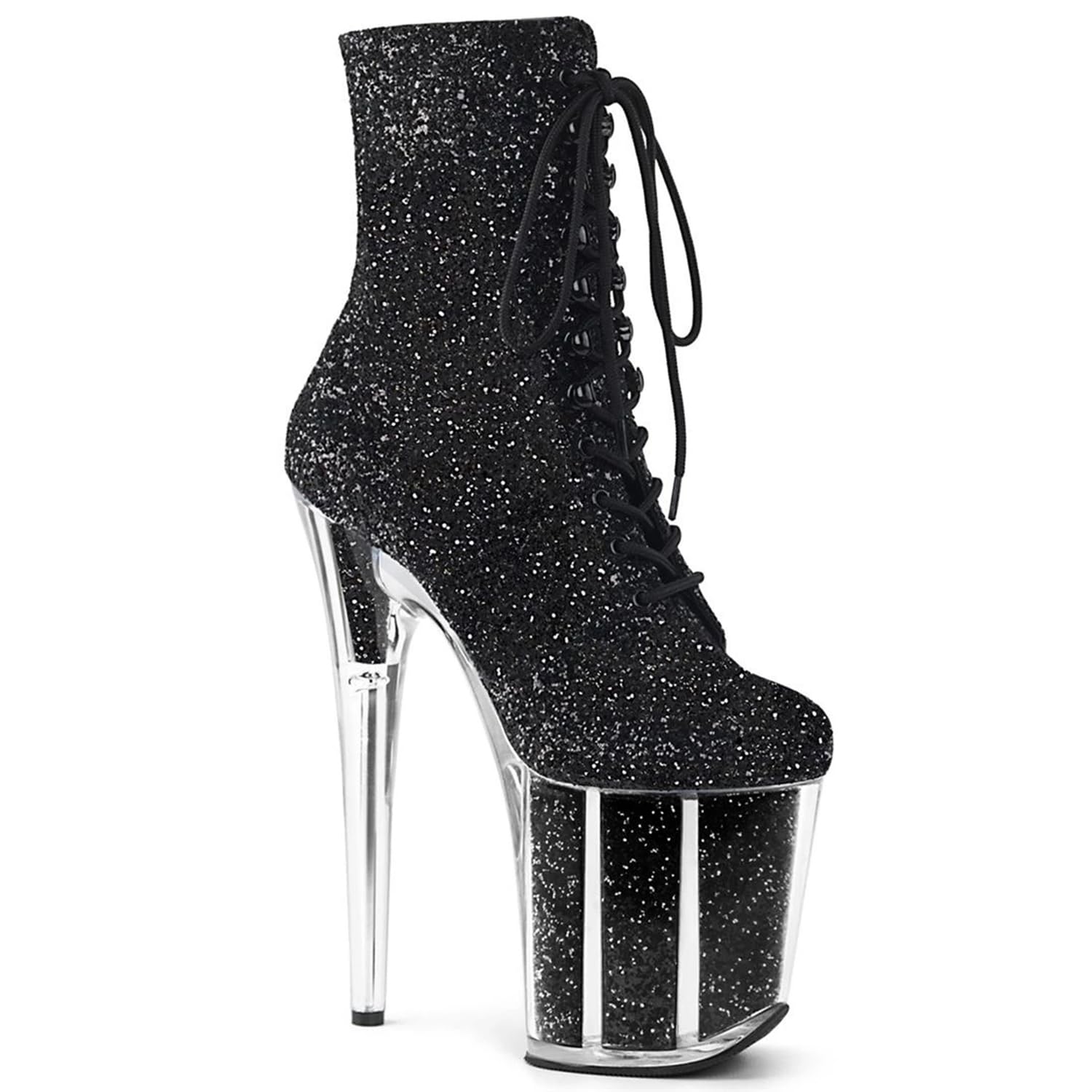 Sexy High Boots Round Toe Pole Dance 7.8In High Heels Discothèque Modèle Catwalk Platform Shoes Glitter Glitter Stiletto Lace Up Pumps for Party Evening Chaussures à Talons