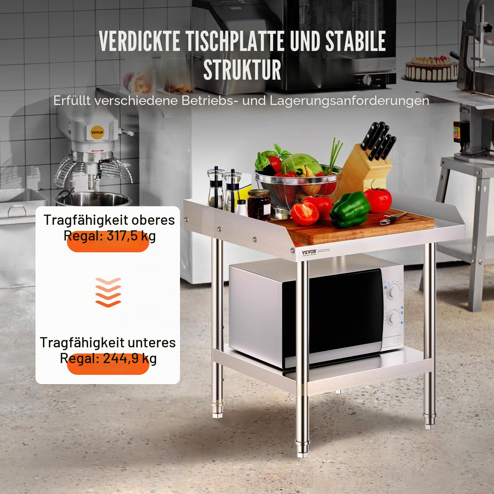 VEVOR Arbeitstisch Edelstahl, gewerblicher Arbeitstisch zur Lebensmittelzubereitung, 3-seitiger Spritzschutz, 61 x 61 x 66 cm