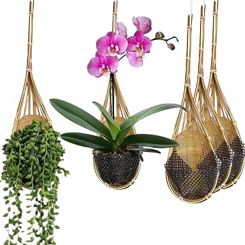Hanging Orchid Planter Plant Pot 4" Handmade Bamboo Flower Basket - 5 Pcs