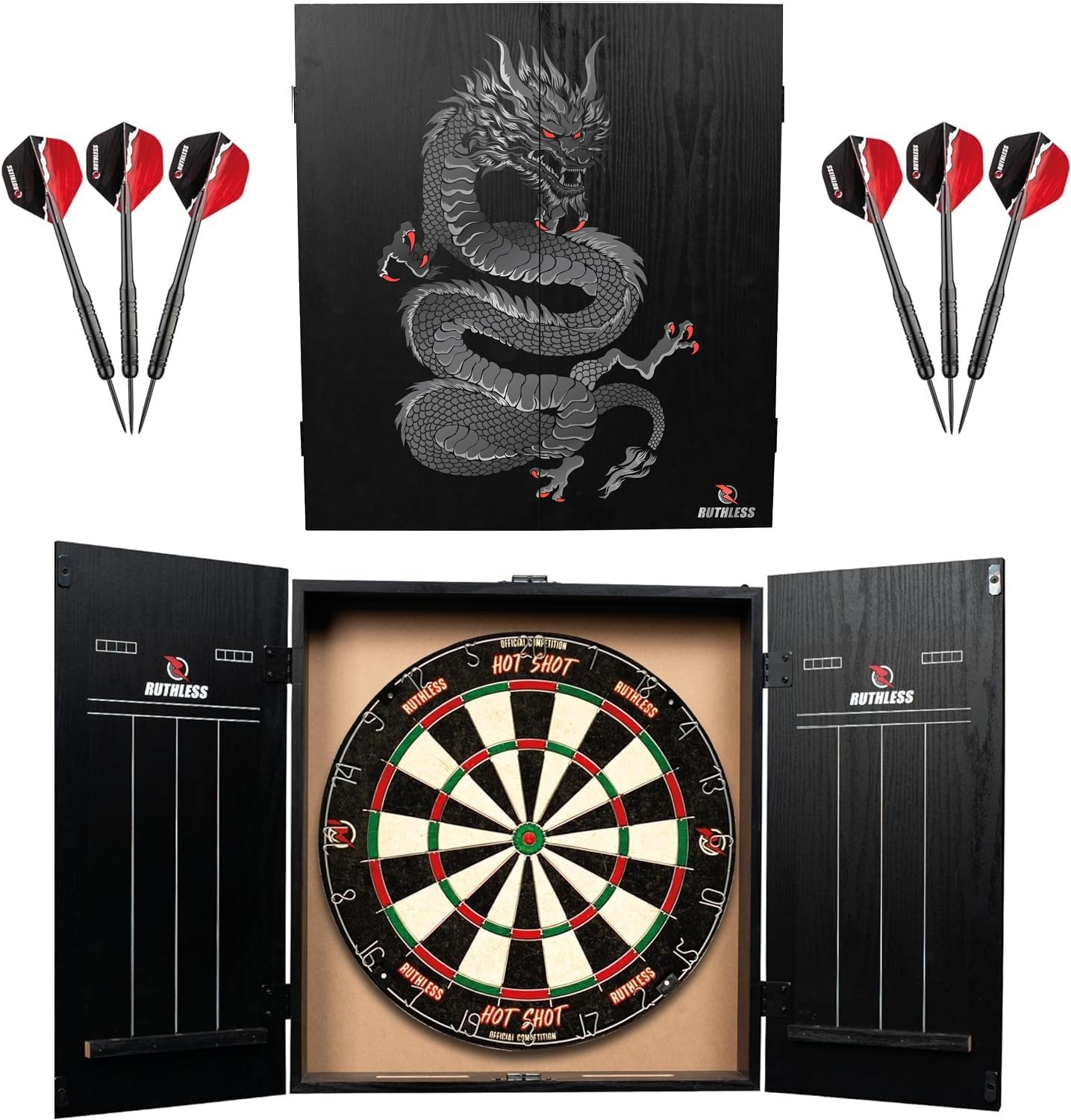 Ruthless | Home Darts Centre | Complete Home Dart Board Centre Including Cabinet, Dartboard and 2 Sets of Darts (Dragon)