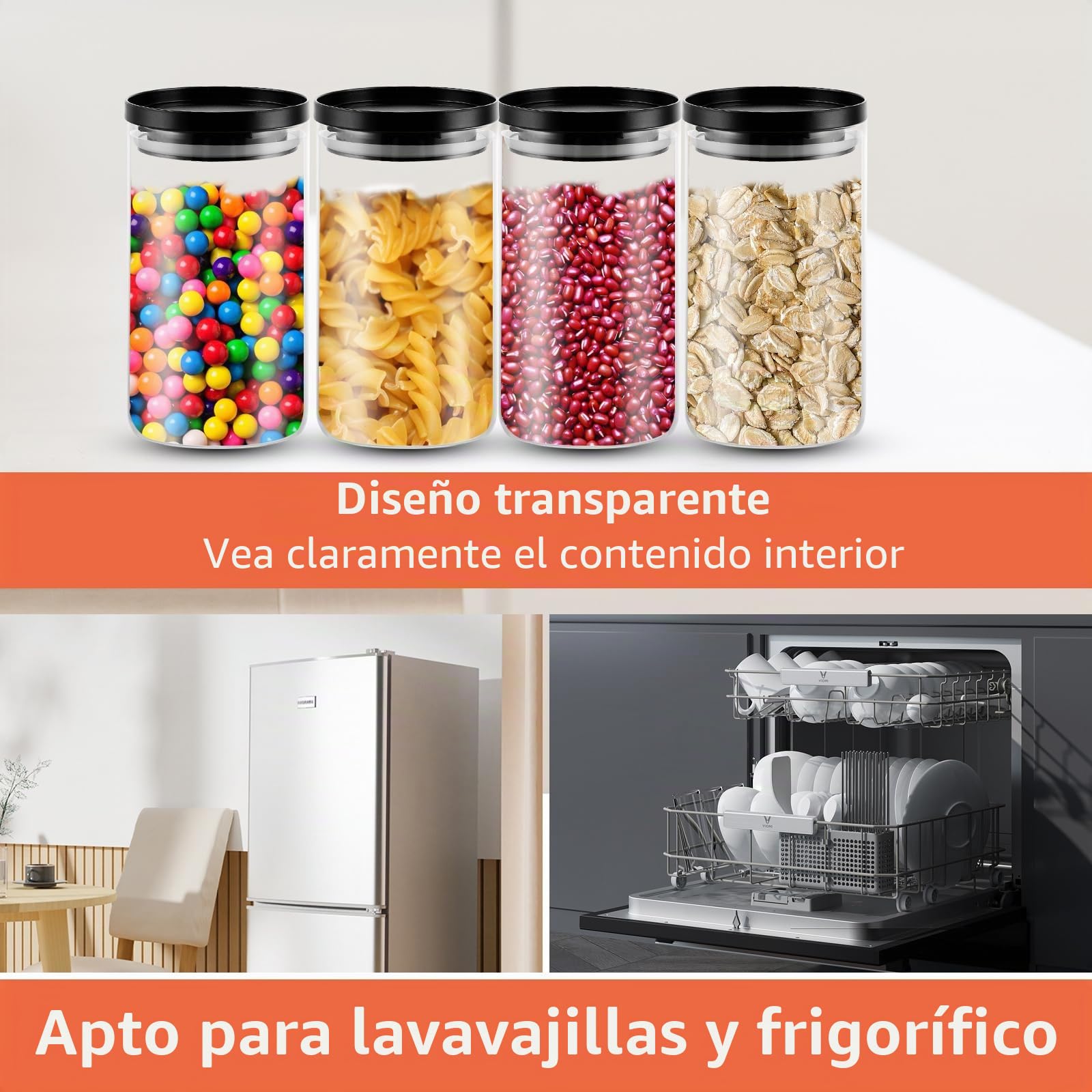 YAYODS 4 tarros de cristal con tapa para almacenamiento, 1,2 L, herméticos, pequeños, con tapa, color negro, para granos de café, espaguetis, harina, azúcar
