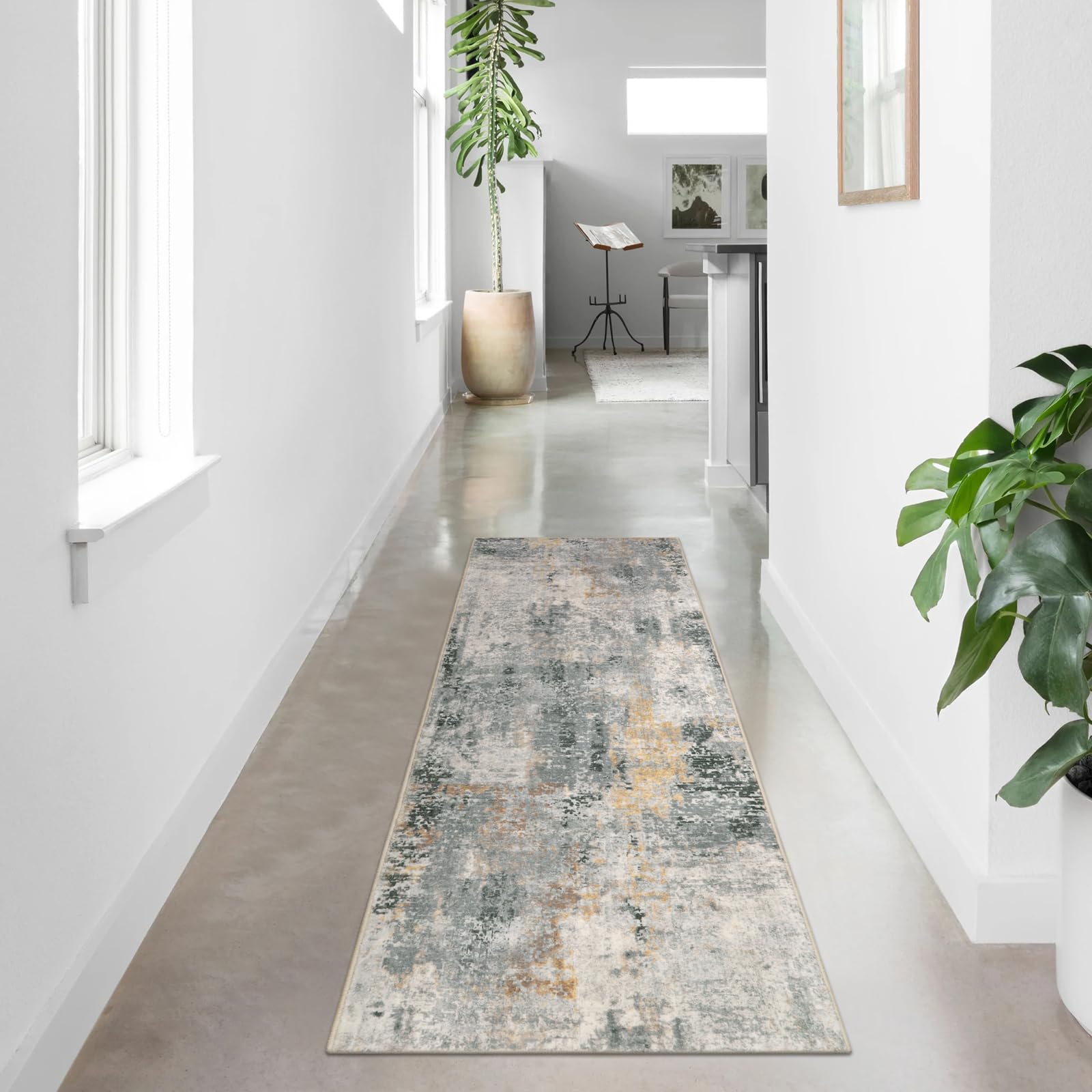 Lahome Modern Abstract Runner Rug - 2x7 Gray Soft Long Hallway Rug Runner Kitchen Mat, Non-Slip Machine Washable Indoor Throw Carpet Runner for Living