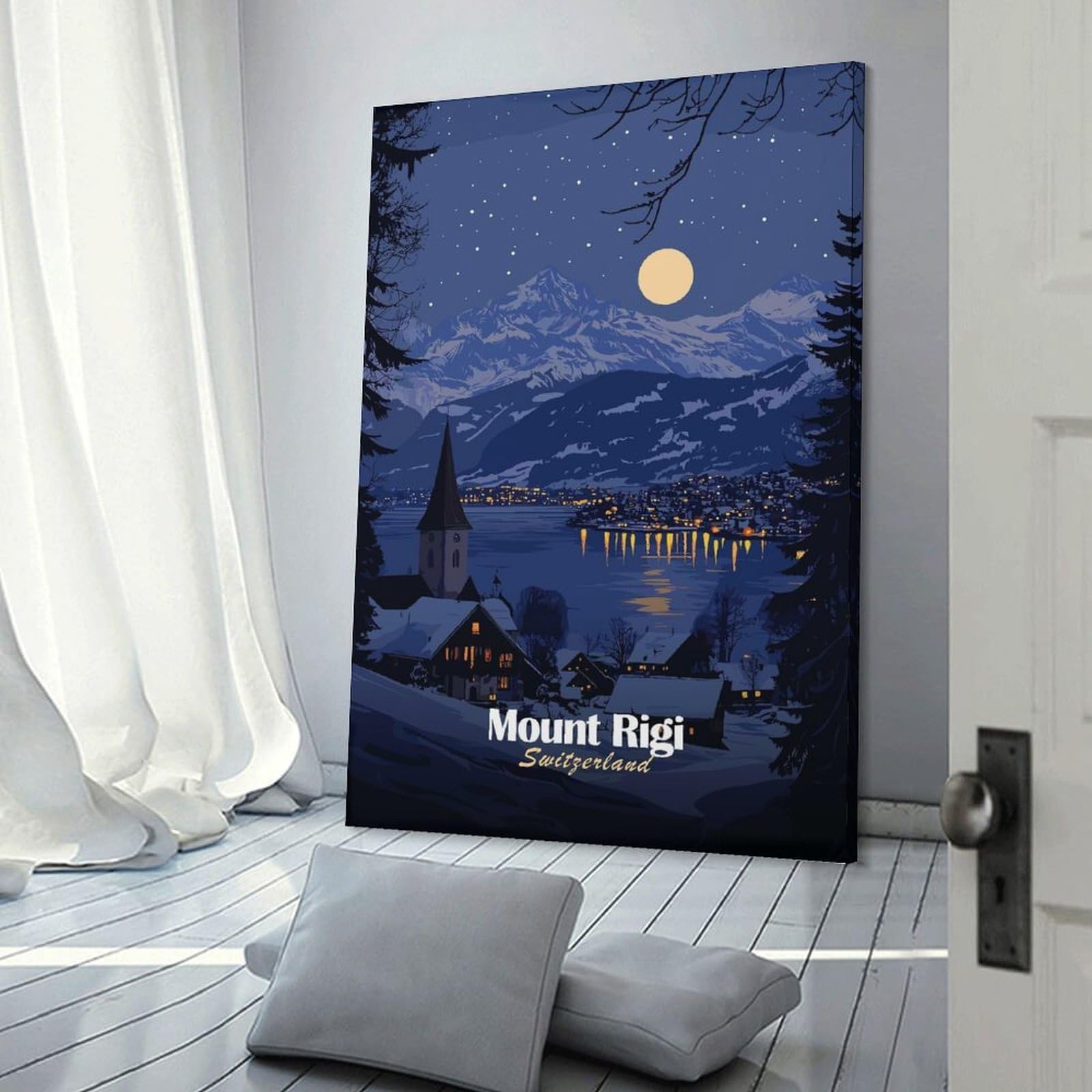 Junmoney Home Decor Wall Art Mount Rigi Night View, 24x36inch(60x90cm), for New Homes, Bedrooms Or Workspaces, Decorative Present for New Homes