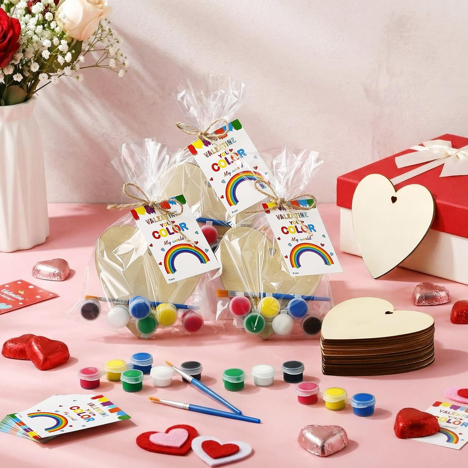 Marspark 24 Sets Valentines Day Painting Gifts DIY Craft Kits Exchange Gifts Unfinished Wooden Hearts 4" Ornaments with Valentines Card Twine Acrylic Paint Gift Bag for Exchange Activity Party Art