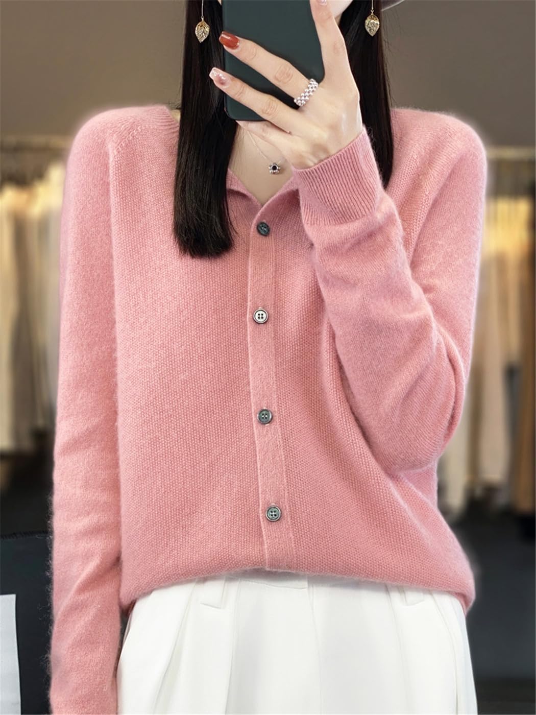 Women's 100% Merino Wool Cashmere Cardigan Long Sleeve O-Neck Knitted Sweater Spring Autumn Loose Fit Warm Jumper
