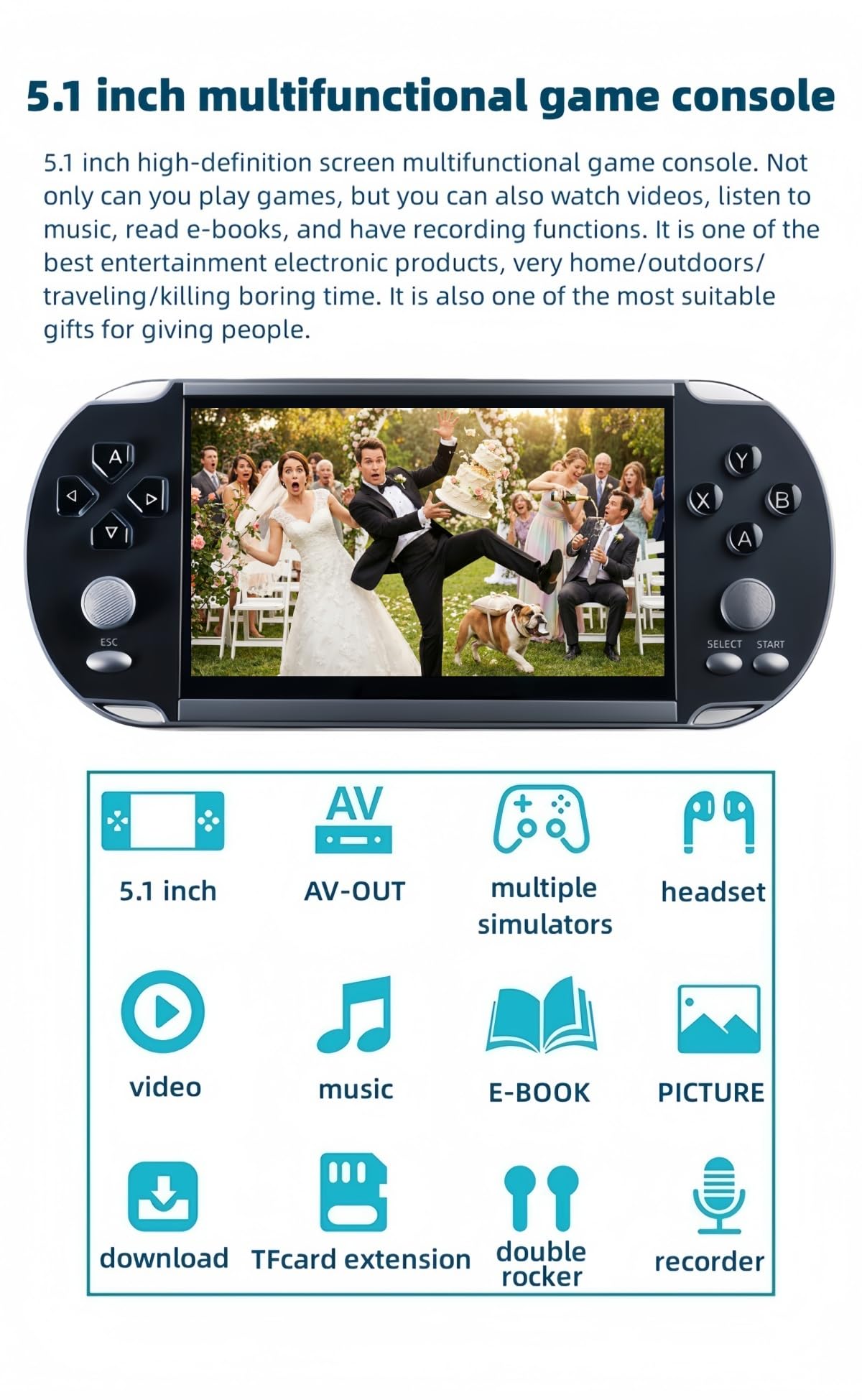 JXD 5,1 pollici Console Portatile Multifunzionale per Videogiochi 4000 giochi Retrò Lettore di gioco Mini sala giochi Emulatore Multiplo MP3/4 Regalo per le Feste Per Interni Esterni e Viaggi