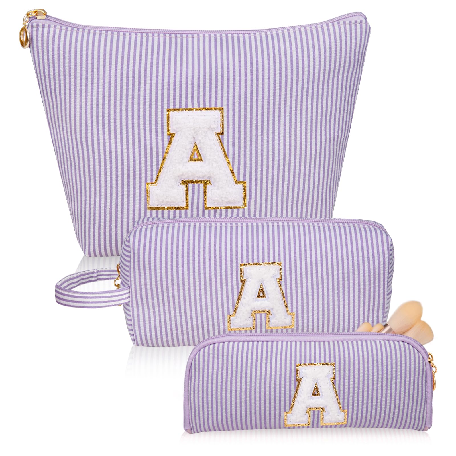 Junesters Initials Makeup Bag Set, Personalized Purple Cosmetic Bag, Cute Large Make up Bags, Travel Toiletry Bag for Women Girl Gifts A (Purple)