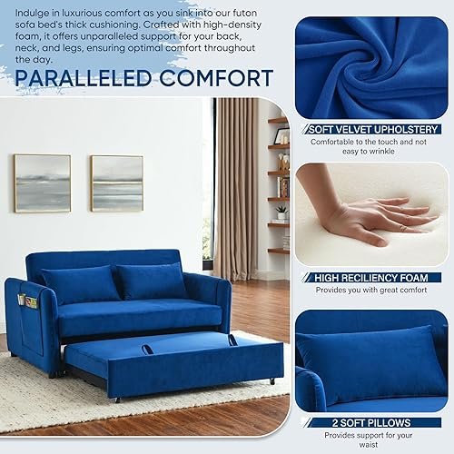 Miniatura 4 de Sofá cama convertible 3 en 1, moderno sofá biplaza de terciopelo con bolsillos laterales de almacenamiento y almohadas, sofá biplaza pequeño para