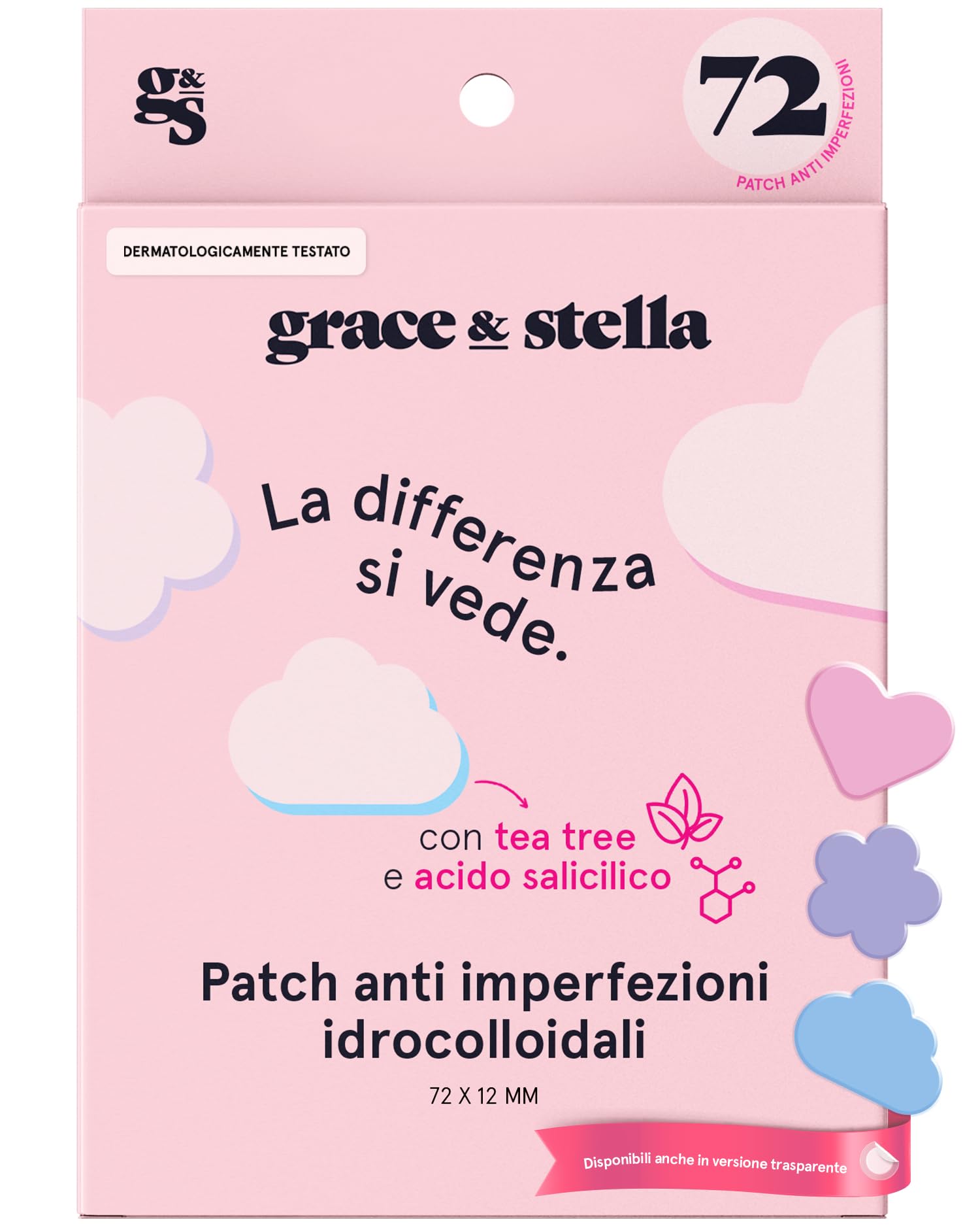 grace & stella Cerotti Idrocolloidali e Anti Imperfezioni Viso - Hydrocolloid Patch Dermatologicamente Testati, Vegan, Cruelty-Free [Misti, 72 Pezzi]
