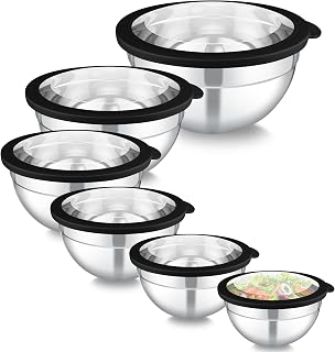 Homikit Whisk Bowl Set of 6, Stainless Steel Salad Bowl with Transparent Lid for Serving, Cooking, Baking, Bowl Set 4.5L / 2.8L / 2.5L / 1.6L / 1.2L / 0.7L Stackable and Dishwasher Safe Black