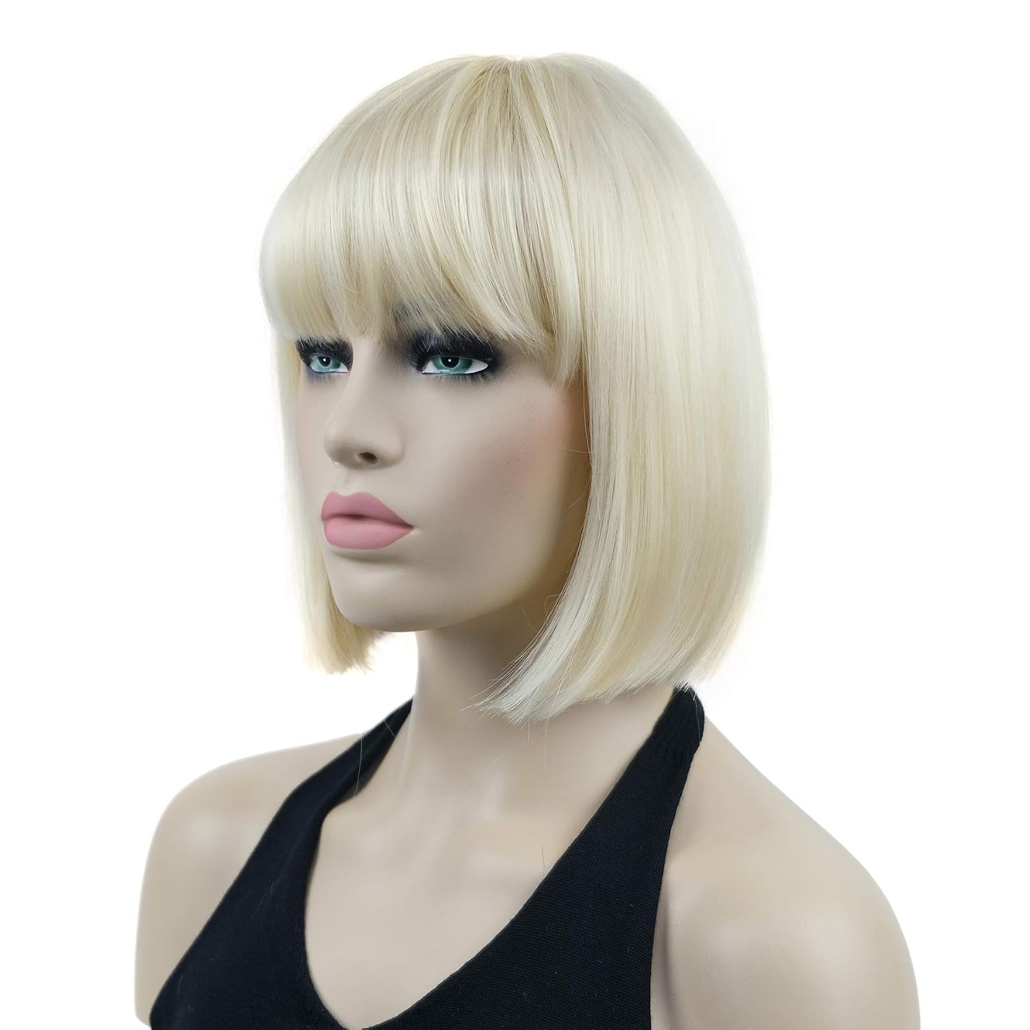 Lydell 8" Straight Short Bob Hair Flat Bangs Cute Central Dot Skin Top Heat Resistant Synthetic Wigs (613 Blonde)