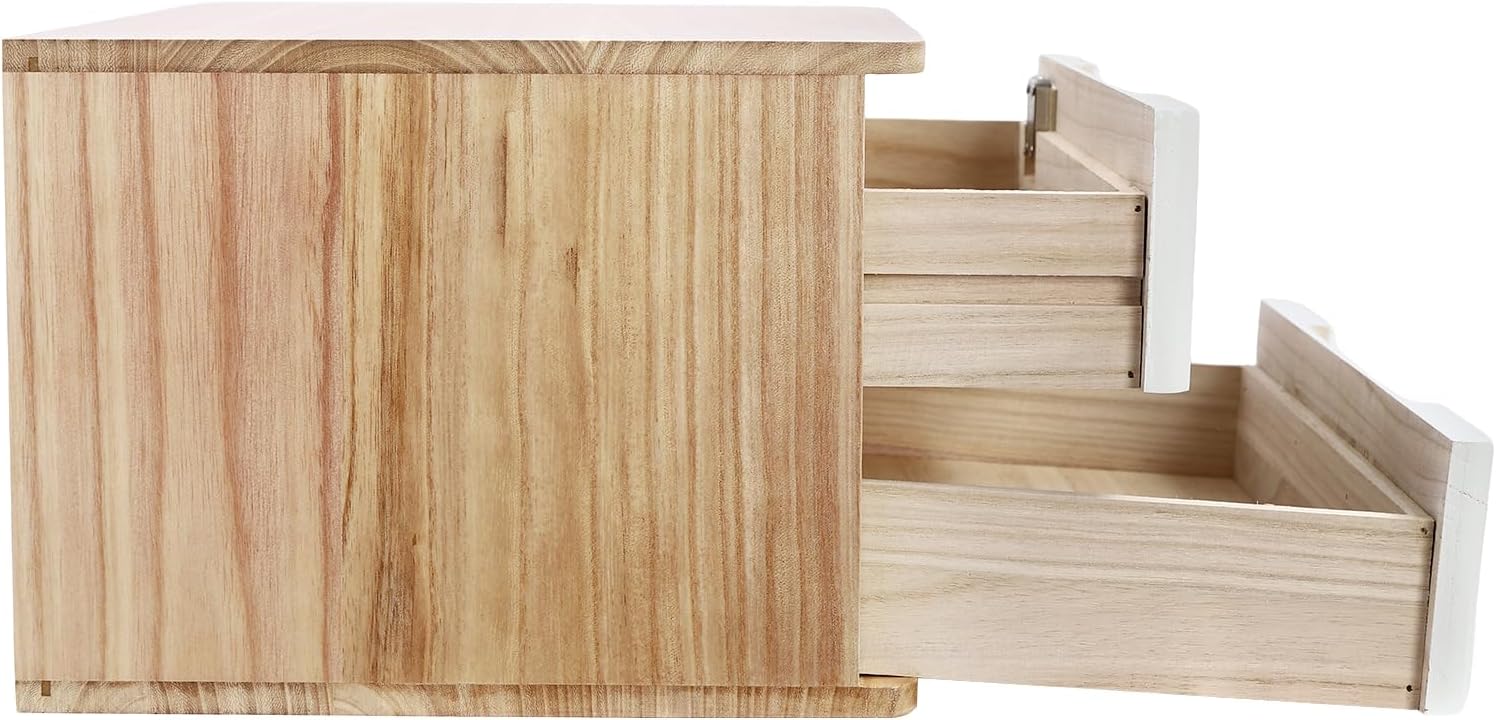 2 Drawers Wooden Desktop Storage Box with Lockable Drawers, Wooden Storage Cabinet Organizer Tabletop Storage Organization Box for Office,Home (Wood Color+White)