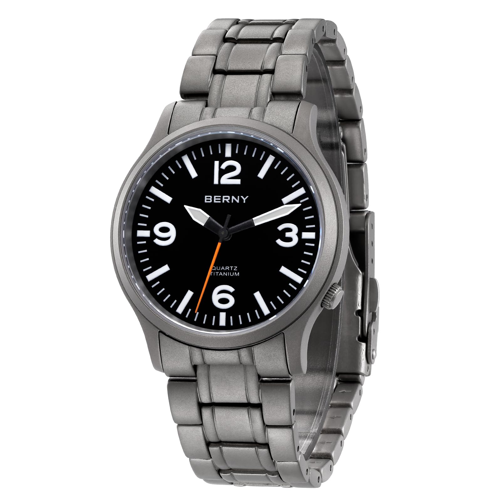 BERNY Titanium Watch for Men Japanese Sweep Second Quartz Movement VH31 5ATM Waterproof Analog Quartz Watch Super Luminous Sapphire Glass