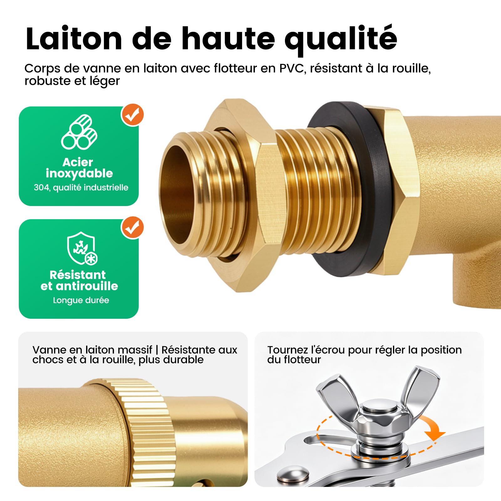 Vanne à Flotteur 1/2", Vanne En Laiton Avec Flotteur en Plastique, Vanne à Bille Flottante Avec Bras RéGlable, Remplissage Automatique, Pour Aquariums, Abreuvoirs Pour Bovins et Ovins.