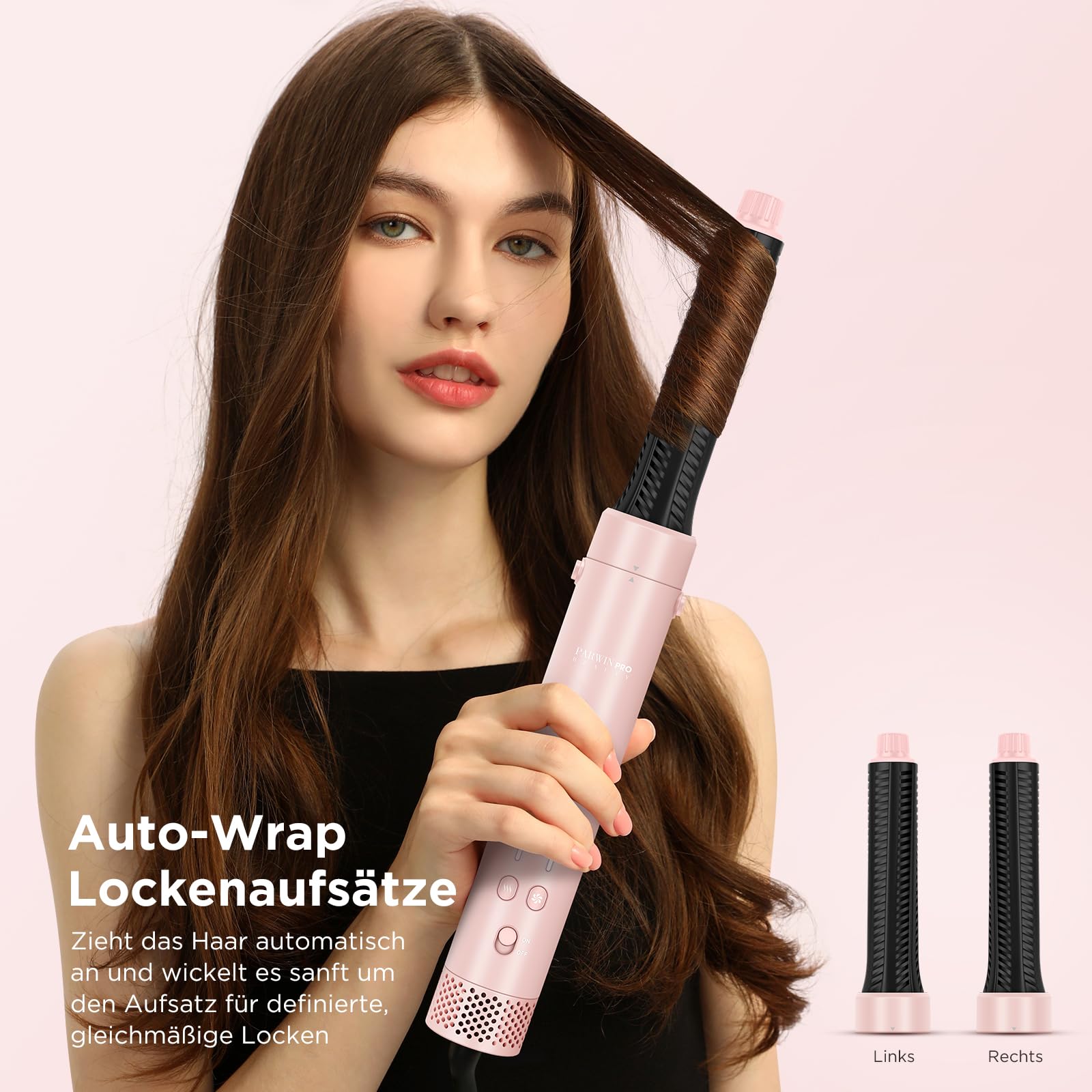 5 in 1 Airstyler, Airstraight＆ Auto-Wrap Lockenaufsätzen, PARWIN PRO BEAUTY MaxAIR 2.0 Multi Hairstyler, 110.000 RPM Föhn, Automatische Doppelspannung, zum Trocknen, Locken, Stylen, 1200W - Rosa