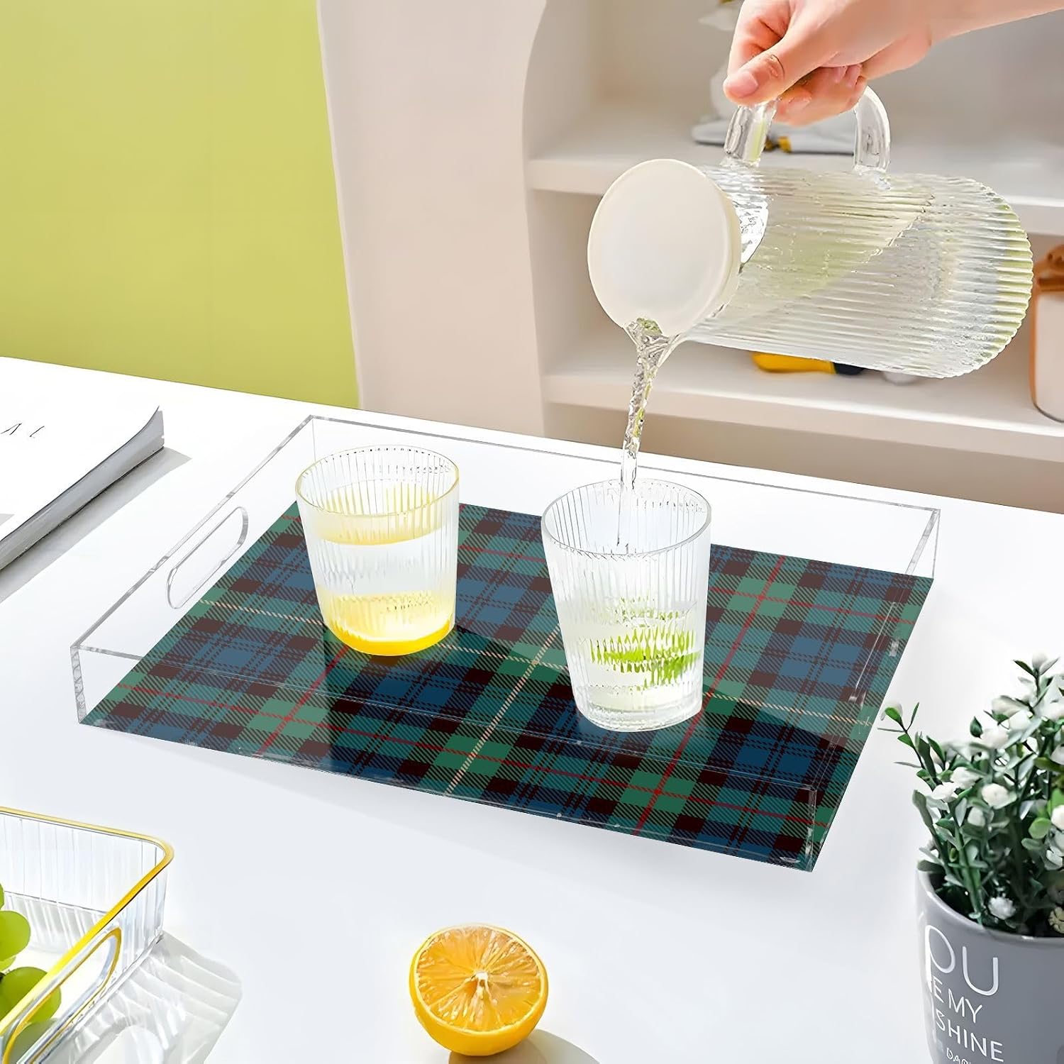 Plaid Tartan Verdant Serving Tray with Handles Rectangular Serving Platters Decorative Large Plastic Trays for Kitchen Food Party Breakfast Coffee Table