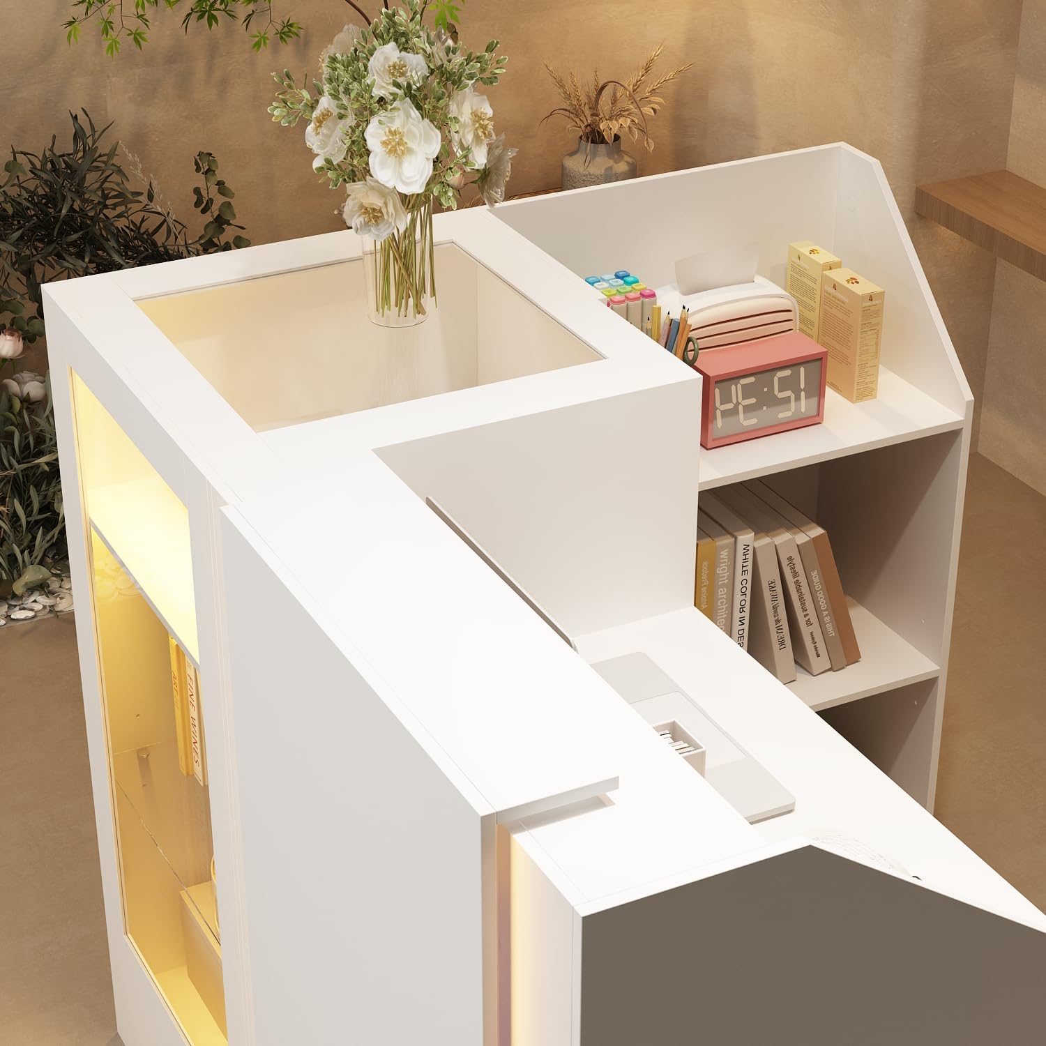 Banco di ricezione ad angolo bianco, con cassetto della tastiera e 2 armadi, cassette con strisce luminose, cassette di ricezione con piano in vetro temperato, tavolo da reception, 120 x 122 x