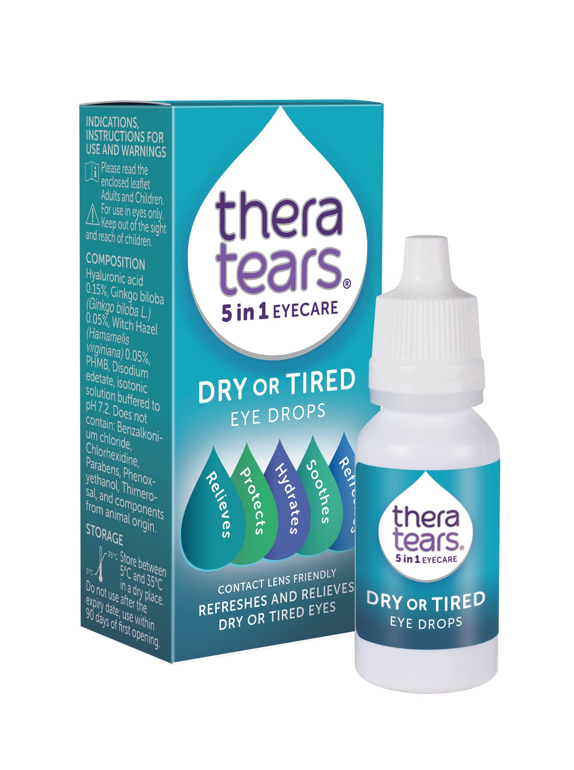 TheraTears Dry or Tired Eye Drops | Refreshes, Hydrates, Protects and Relieves Dry or Tired Eyes | Contact Lens Friendly | 5 in 1 Eye Care Drops | 10ml