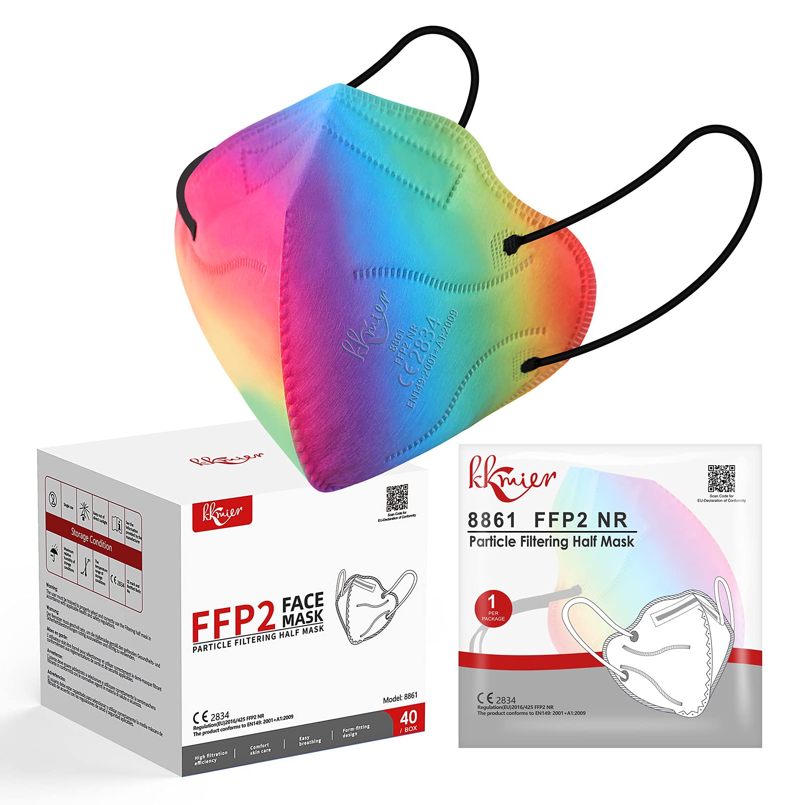 KKmier 40pcs FFP2 Masks, Black Coloured Face Masks CE Certified EN 149:2001+A1:2009 Mouth Cover, 5-Layer Filtration System>95%