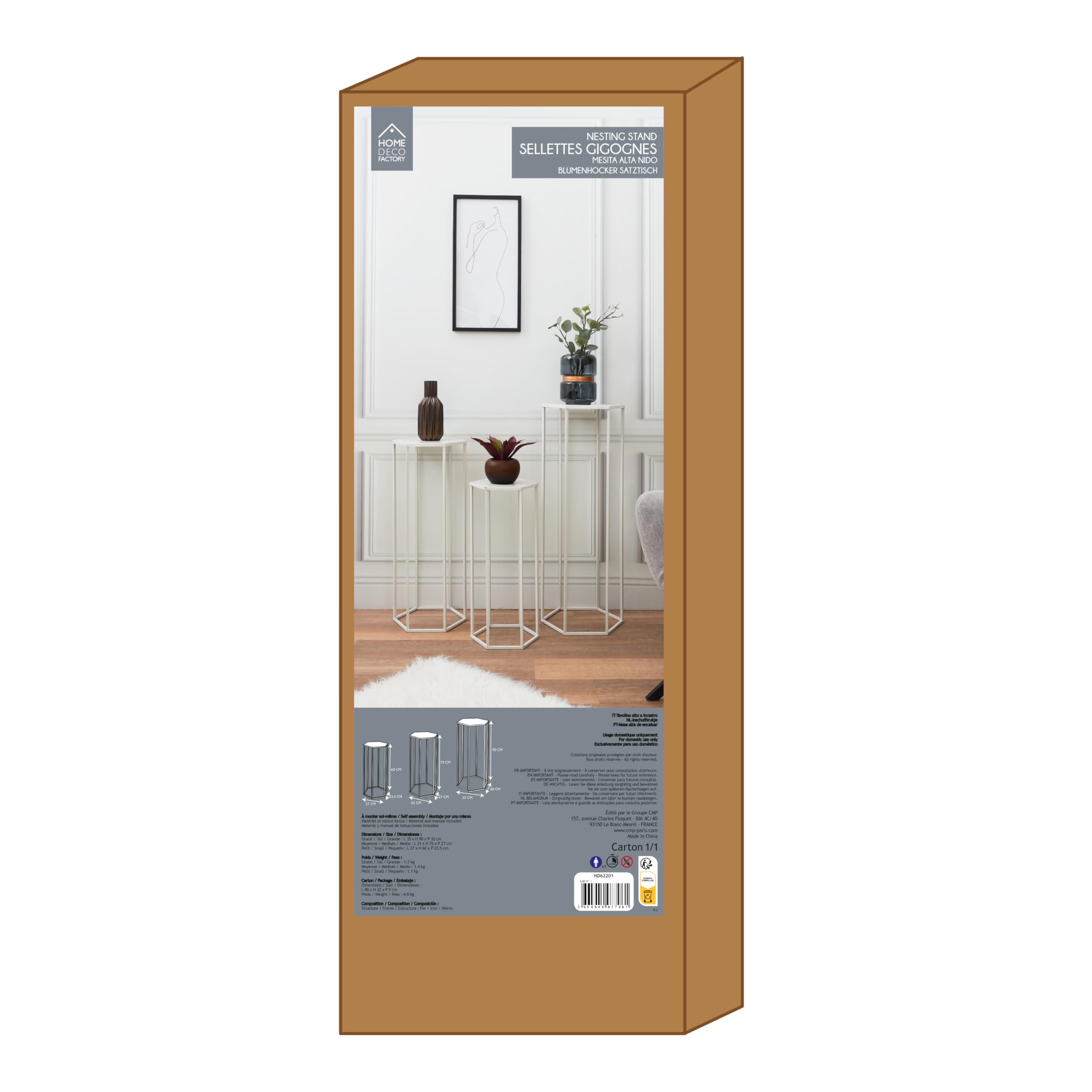 HOME DECO FACTORY Gigogne X3 Metal Blanc Mobilier Tavolo Scrivania Consolle Sellette Mobile Ine, 60x30x26 cm