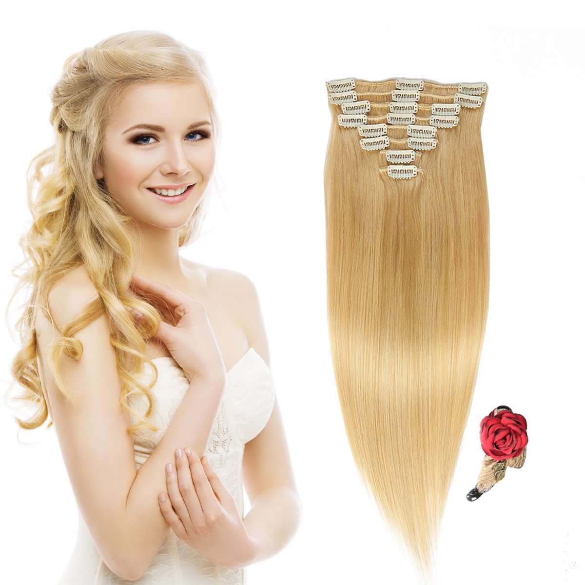 10" Remy Hair Extensions Clip in Human Hair with 18clips 8pcs Soft Smooth Straight feeling for Lady (75g by gross, Bleach Blonde #613)