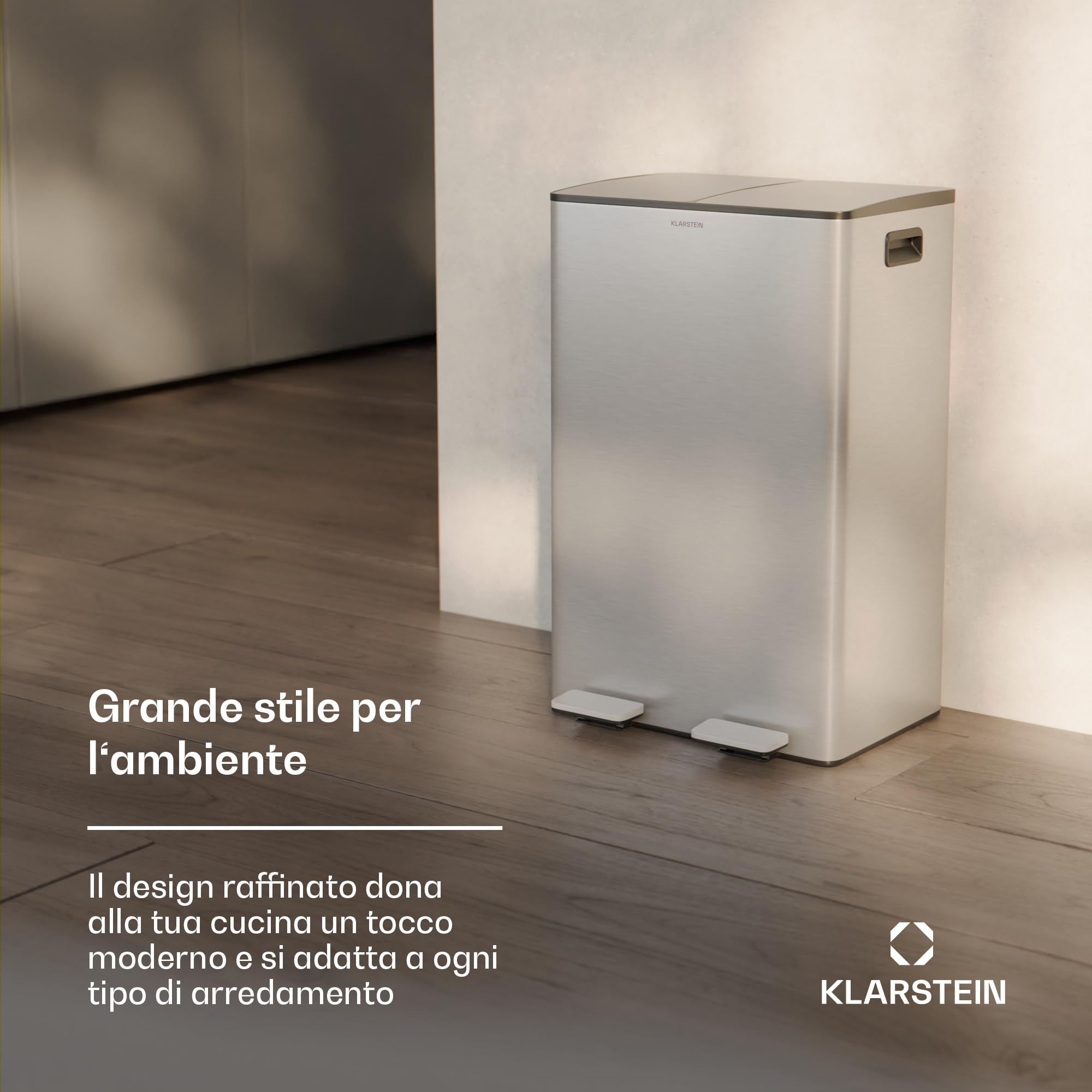 Klarstein - Moderno contenitore per rifiuti da cucina da 60 L (2x30 L) con comodo contenitore per compost estraibile da 3L, tecnologia soft-close-elegante contenitore per pannolini e rifiuti da cucina