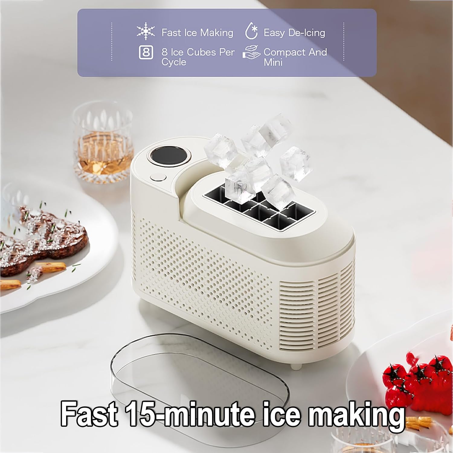Ice Maker Machine,Compact Countertop Ice Maker for Small Spaces, 8 Cubes in 10 Mins, Travel-Friendly with Dual Power(220V/12V), Quick Release Ice Tray (Beige)