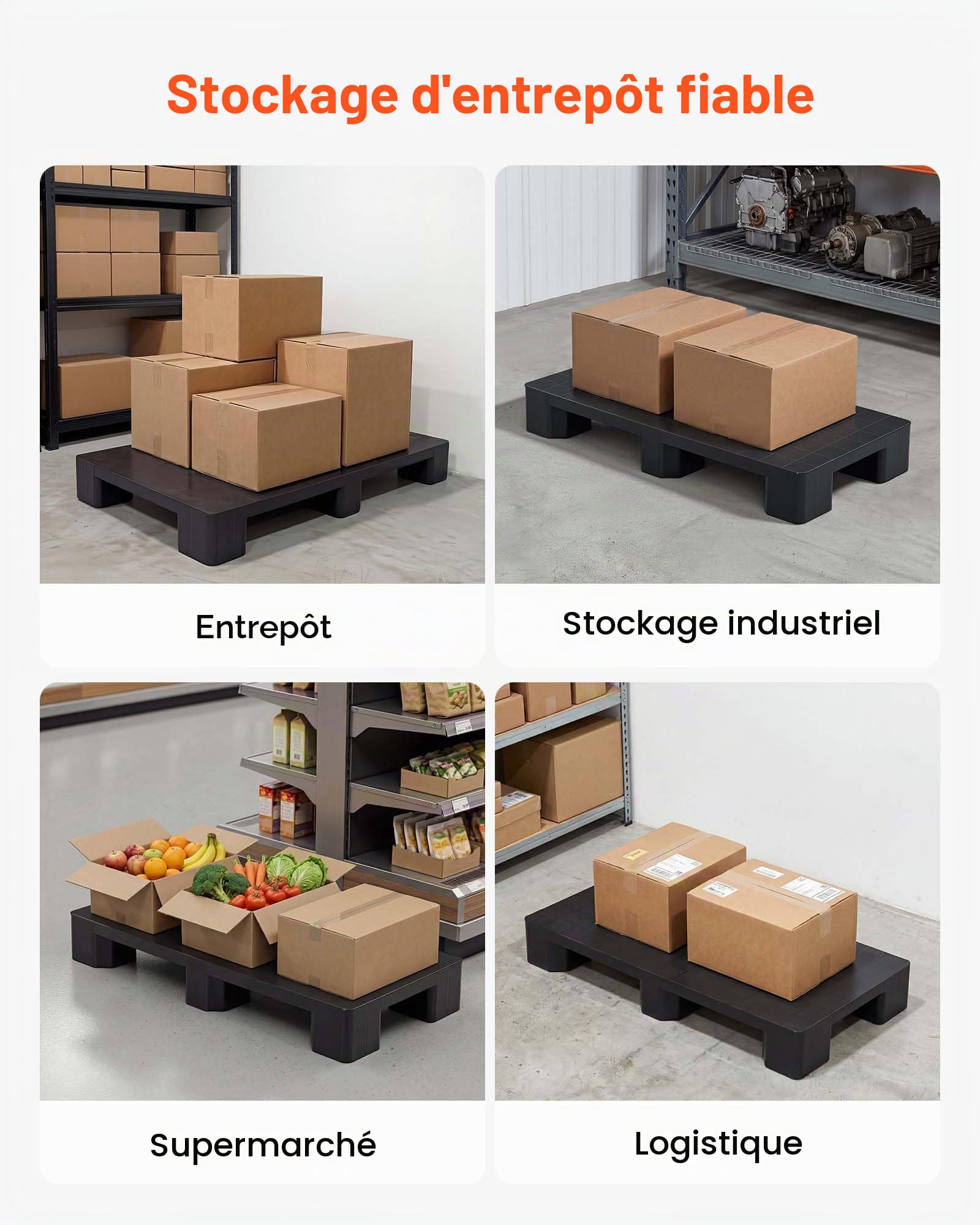 VEVOR Palette en Plastique Lot de 1, Palette de Sol avec Pieds de Support, Résistante à l'Humidité, Capacité de Charge jusqu'à 1000 kg, pour Sous-Sol, Entrepôt et Supermarché, 1000x500x136 mm, Noir