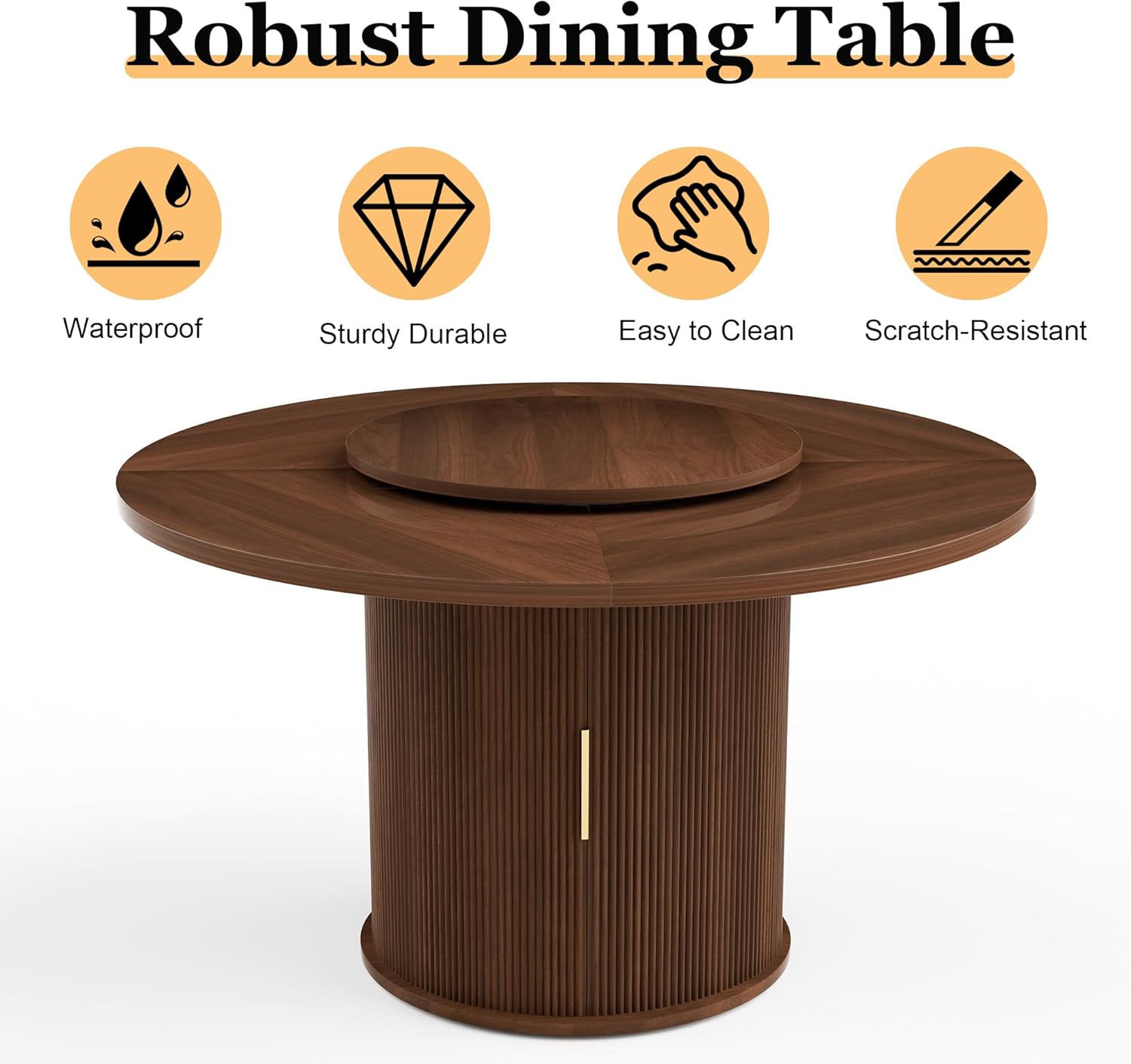 55'' Round Dining Table for 4-6, Modern Kitchen Table with Rotating Tray and 2-Layer Storage Shelf, Wood Slide Door Dining Room Table for Home Living Room(Walnut)
