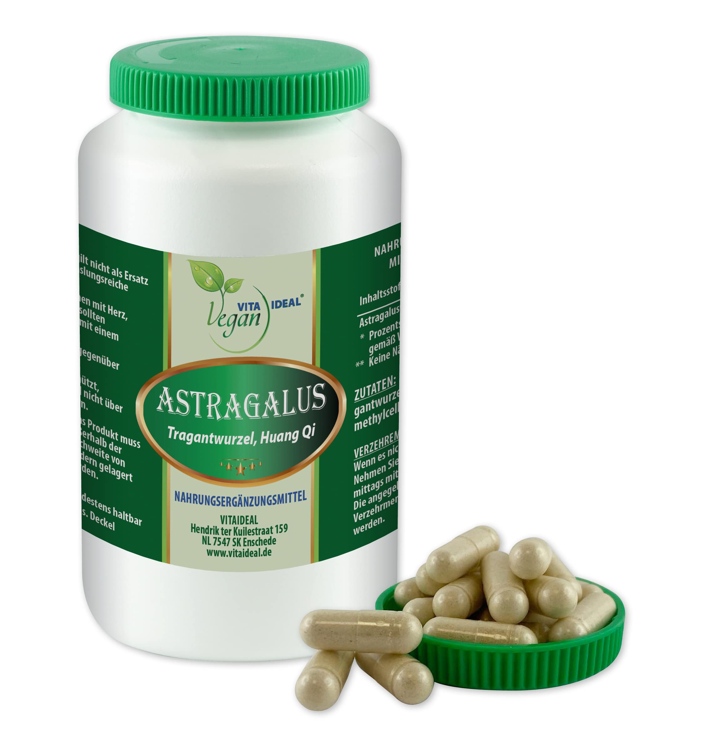 VITA IDEAL Vegan® Astragalus Wurzel 180 Kapseln - Astragalus membranaceus - Tagesportion 900mg Tragantwurzel reines Pulver. Pflanzlich, natürlich und ohne Zusatzstoffe, original von VITAIDEAL.