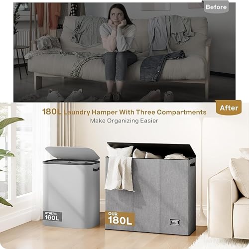 Miniatura 8 de SOLEDI Cesta de ropa sucia de 180L de 3 secciones, cesta de ropa sucia extra grande con tapa, cesta de ropa sucia con asa resistente, organizador de