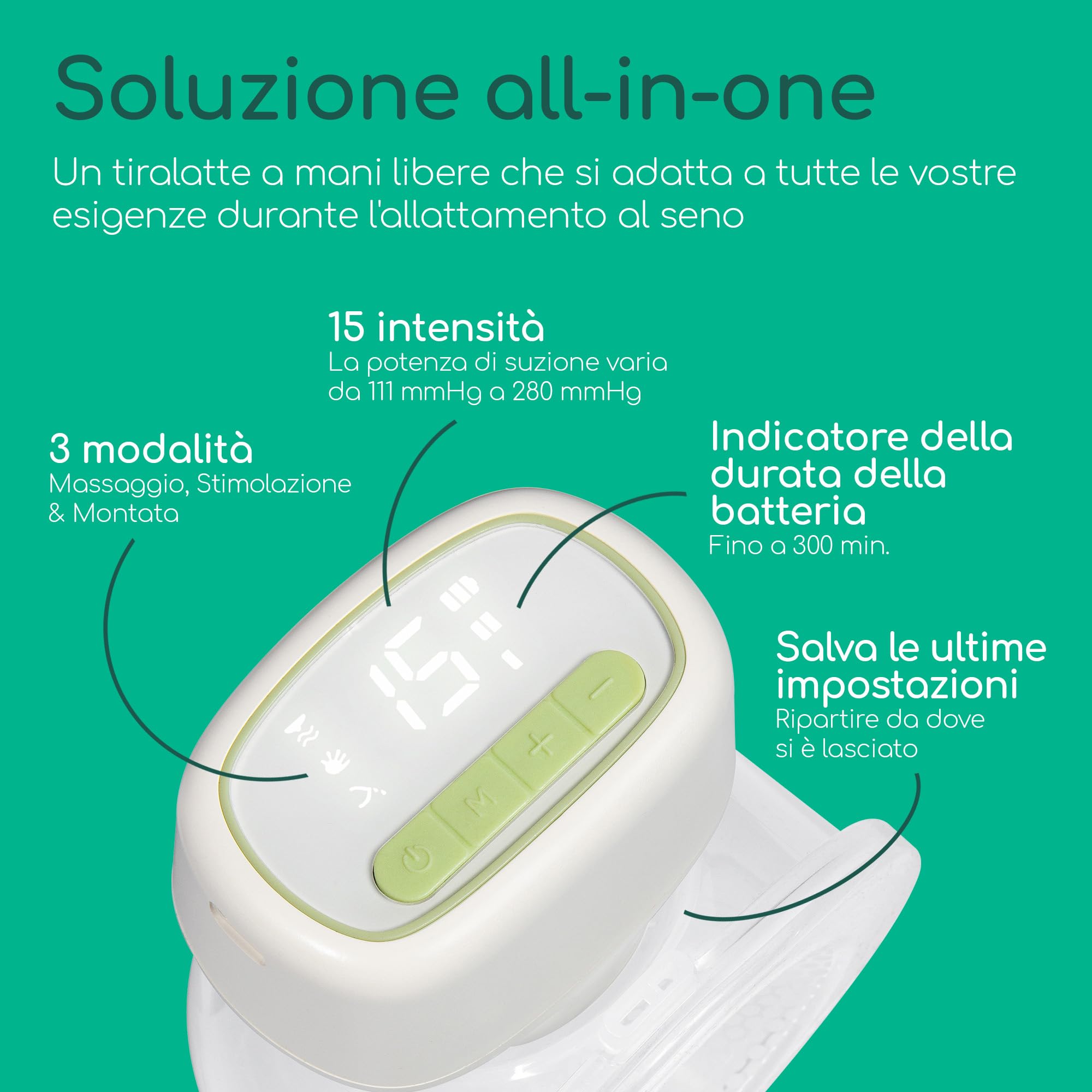 Bebeconfort Discreet Tiralatte Elettrico Indossabile, Tiralatte Portatile Elettrico, 3 Modalità, 15 Intensità, Batteria a Lunga Durata, Contenitore Grande da 210 ML
