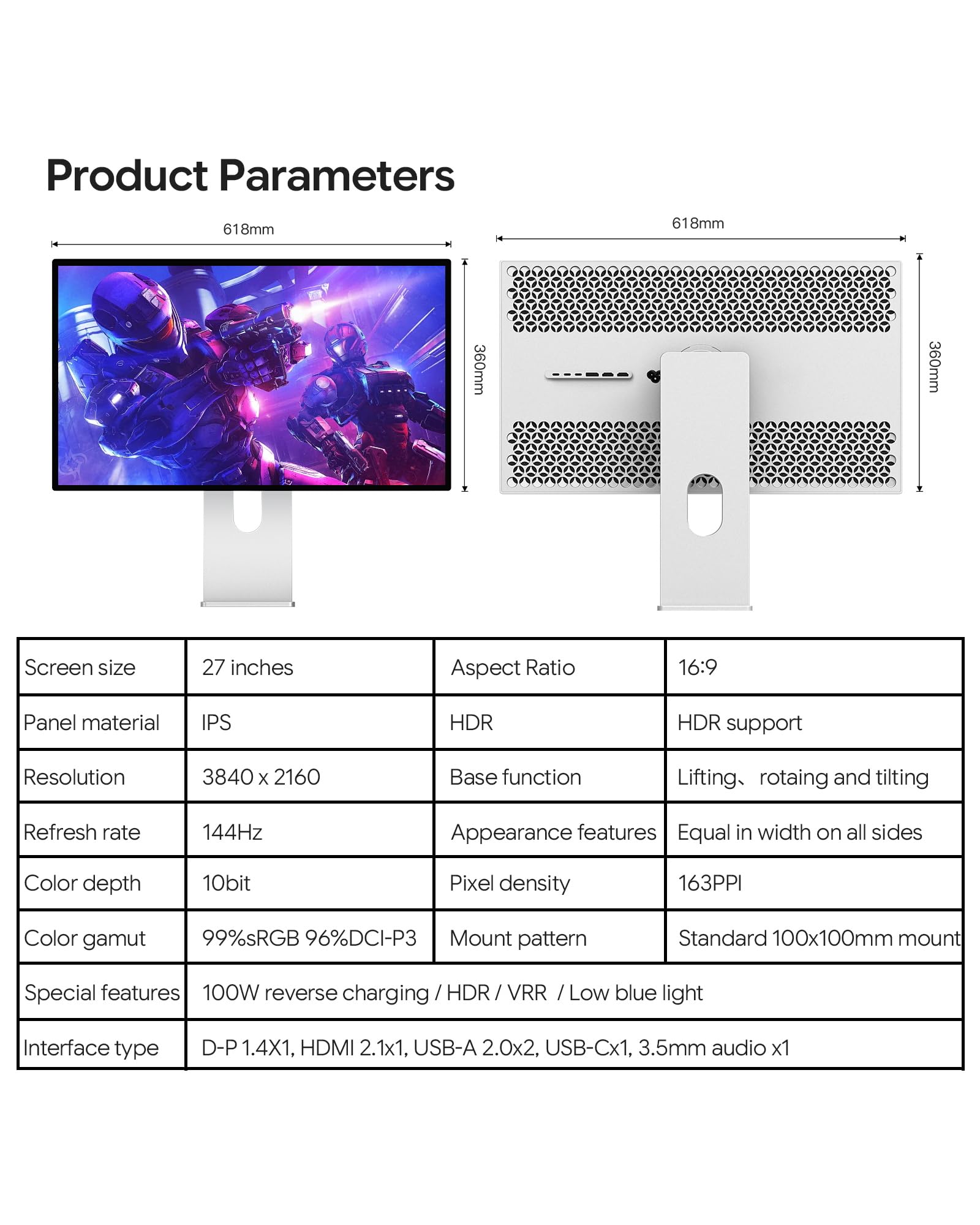 P27D 27'' 4K Monitor, 144HZ, 3840x2160 Honeycomb sin Soporte | Panel IPS, 99% sRGB, 500 cd/m² Brillo, USB-C 100W Carga, Altura Regulable – Pantalla para Gaming y Oficina
