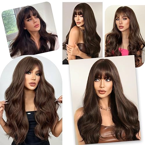 Miniatura 6 de Laivay Peluca larga ondulada de color marrón medio con flequillo para mujer, 26 pulgadas, aspecto natural, sintética, resistente al calor, peluca de